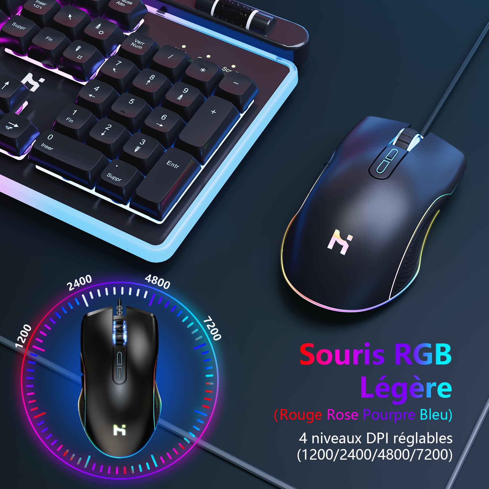 HLONONE Pack Clavier Souris Gaming - Ergonomique Clavier Souris Gamer Filaire - Éclairage LED Arc-en-Ciel - Clavier Gamer AZERTY Rétroéclairé - Souris Gamer 7200 DPI - AZERTY FRANÇAIS-pour PC PS4 PS5