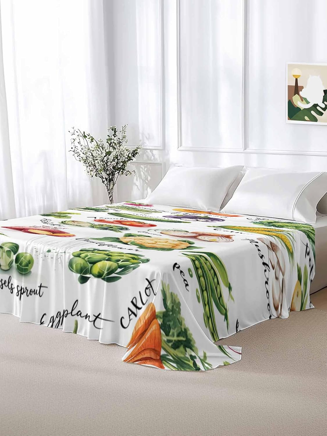 Top Sheet Full Bedding Flat Sheet Only, Country Vegetables Microfiber Bed Sheets Soft Breathable Bedding Flat Sheets, Rustic Farmhouse Plant Theme Hotel Luxury Top Sheets