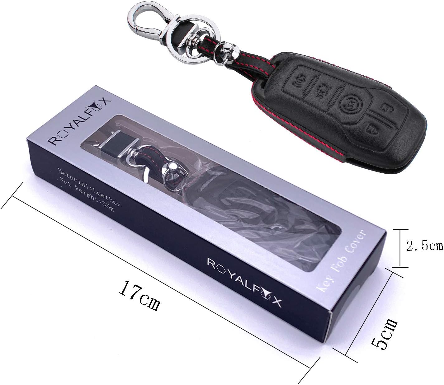 RoyalFox Genuine 5 buttons Leather Key Fob case Cover For Ford Mustang Explorer Taurus F-150,Lincoln MKZ MKC MKX smart key, Car Remote Key Pouch Bag With Key Rings Kit Keychain Holder Metal Hook Black image 3