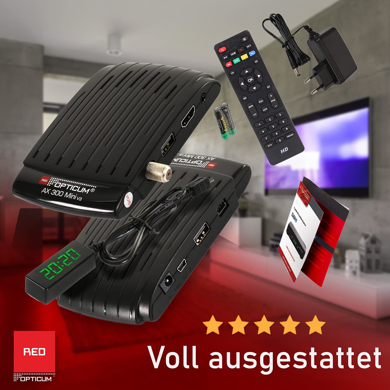 RED OPTICUM AX 300 Plus Sat Receiver mit PVR I Digitaler Satelliten-Receiver HD 1080p - HDMI - SCART - USB - Coaxial Audio I Receiver für Satellitenschüssel Schwarz