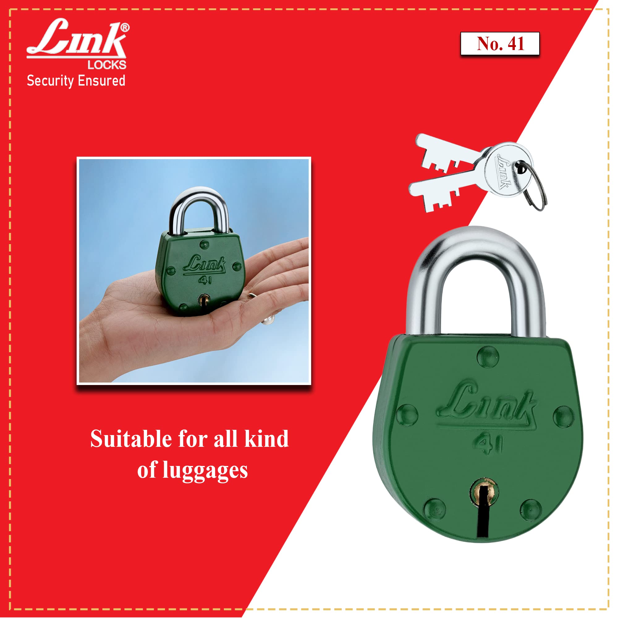 Link 54mm Colored Padlock No.41| Steel Body | Brass Lever | 2 Silver Keys | 1 Padlock | Made in India — Amazon image 3