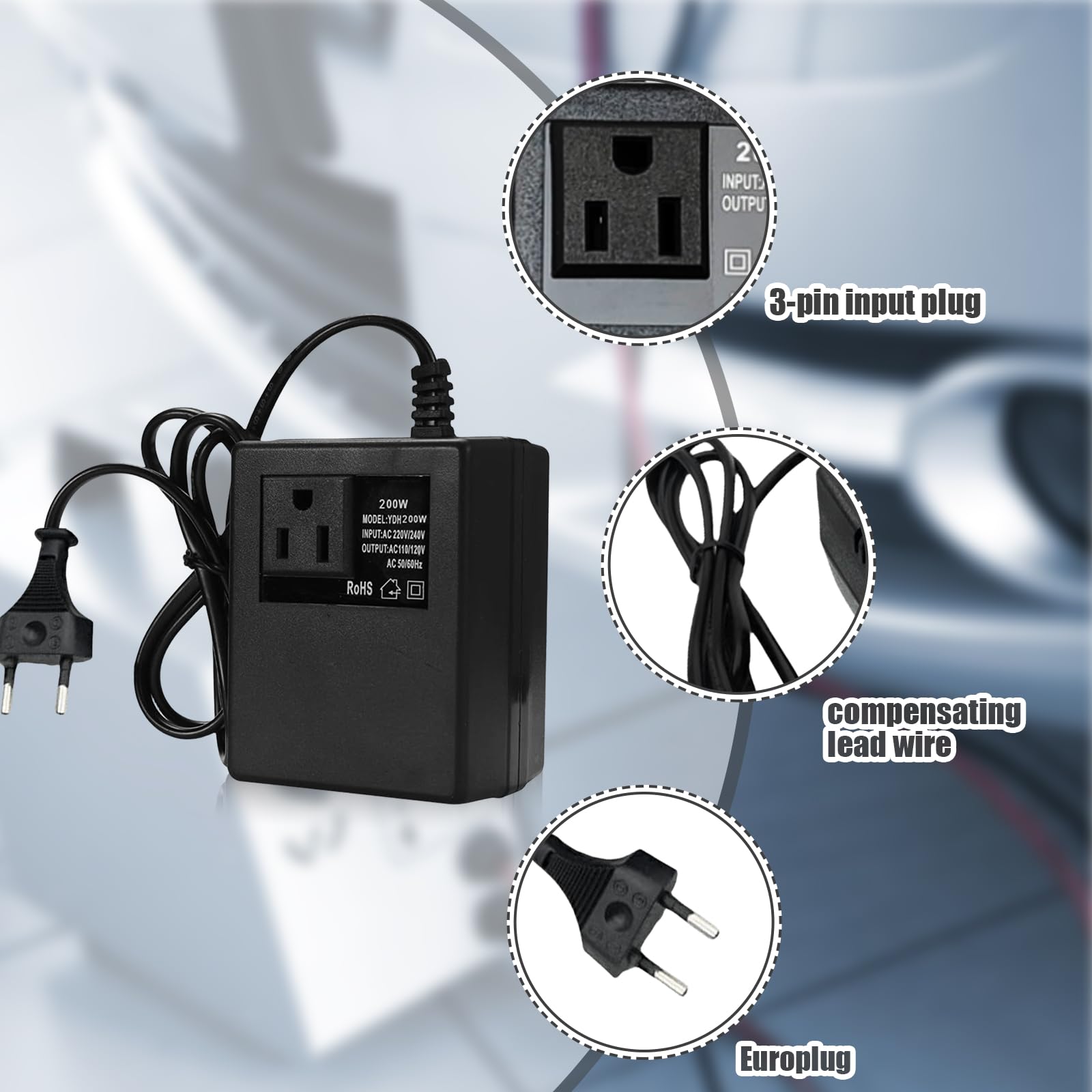 Trasformatore di tensione da 220 V a 110 V, 200 W, adattatore di alimentazione passo verso il basso, adattatore di corrente da viaggio, convertitore di tensione, spina EU