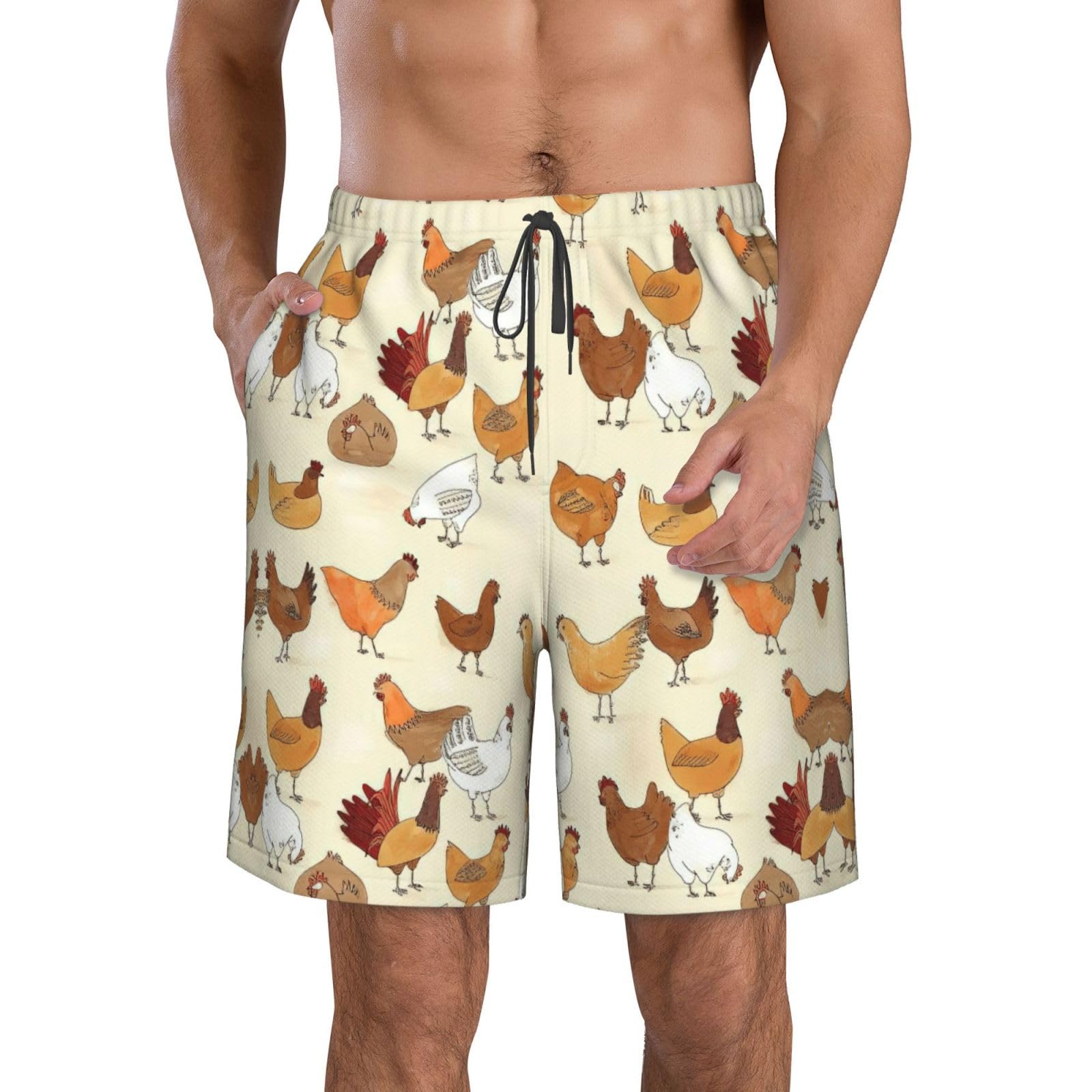 Yagdaa Men's White A Brood Of Chickens Print Shorts Casual Flat Front Shorts Quick-Dry Shorts For Summer Athletic Beach Gym