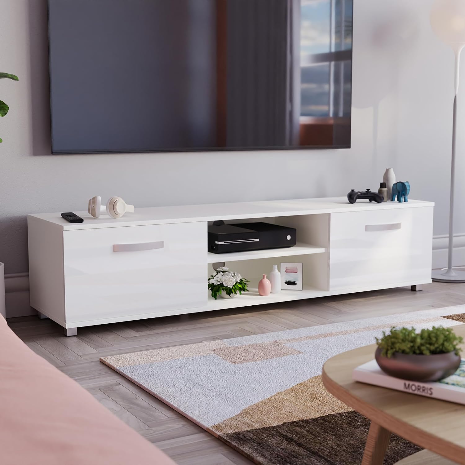 Vida Designs Cosmo TV Unit 2 Door Modern Gloss Matte MDF Living Room Cabinet Media Stand Furniture White 160cm