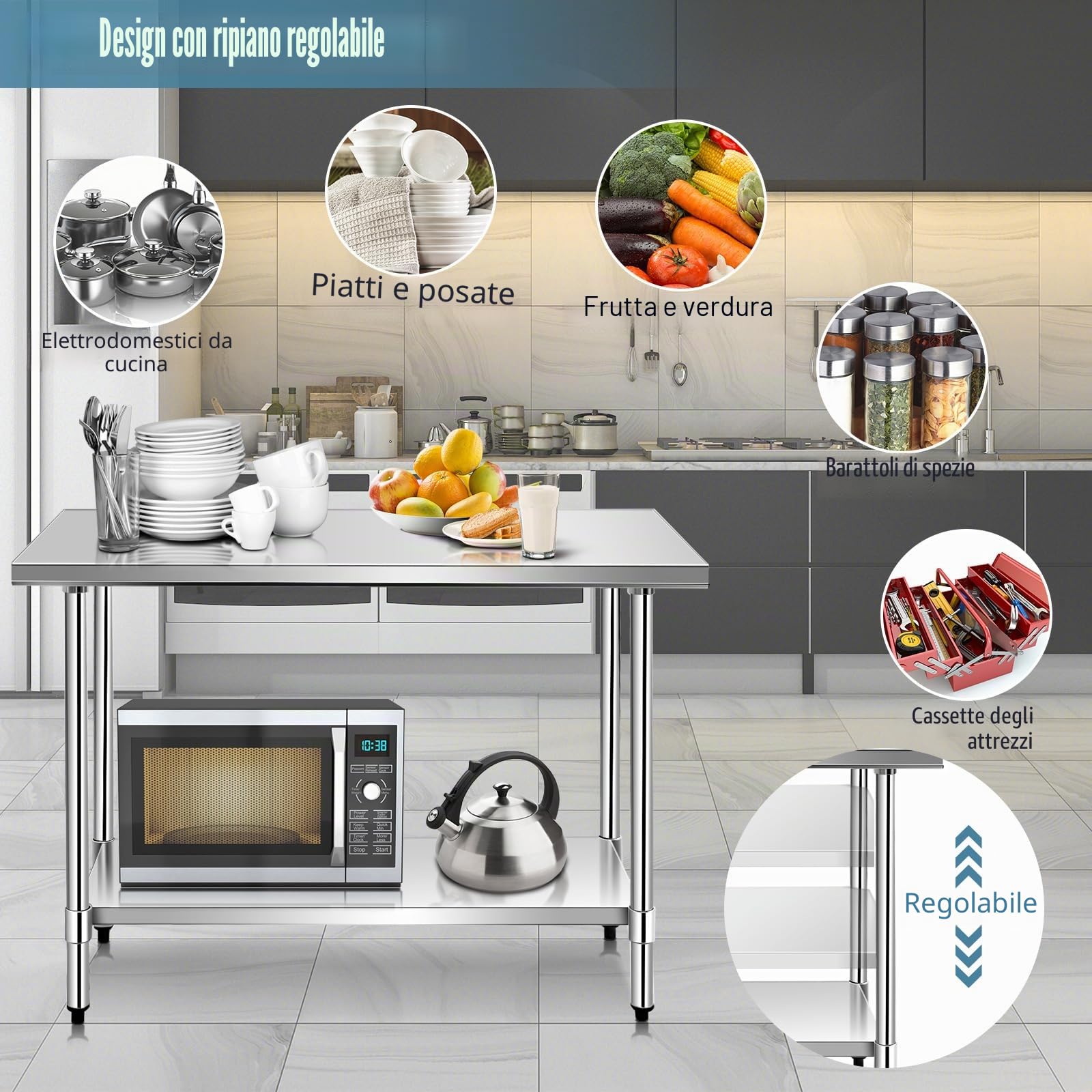 GIANTEX Tavolo da Lavoro in Acciaio Inox a 2 Livelli, Tavolo da Cucina Multifunzione con Ripiano Regolabile e Piedini Livellanti, per Preparazione Alimentare, 122x61x89 cm