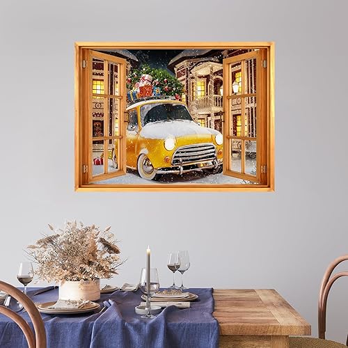 wall26 Adhesivo de pared extraíblemural de pared, vista de ventana, Navidad, nieve, aldea, ciudad, automóvil, celebraciones y vacaciones, fotografía