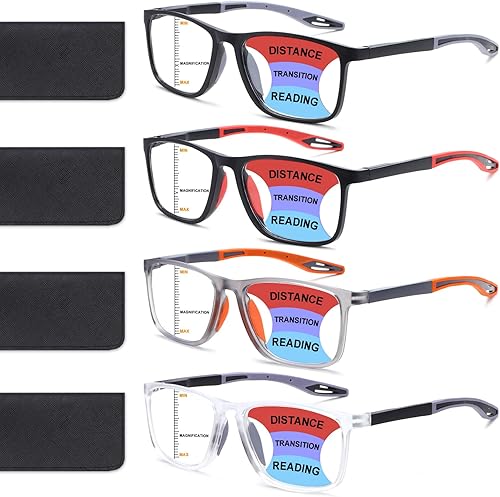 Miniatura 8 de BLOEXCLU Paquete de 4 lentes de lectura progresivos multienfoque para hombres y mujeres, TR90, estilo deportivo, antiluz azul, lectores de