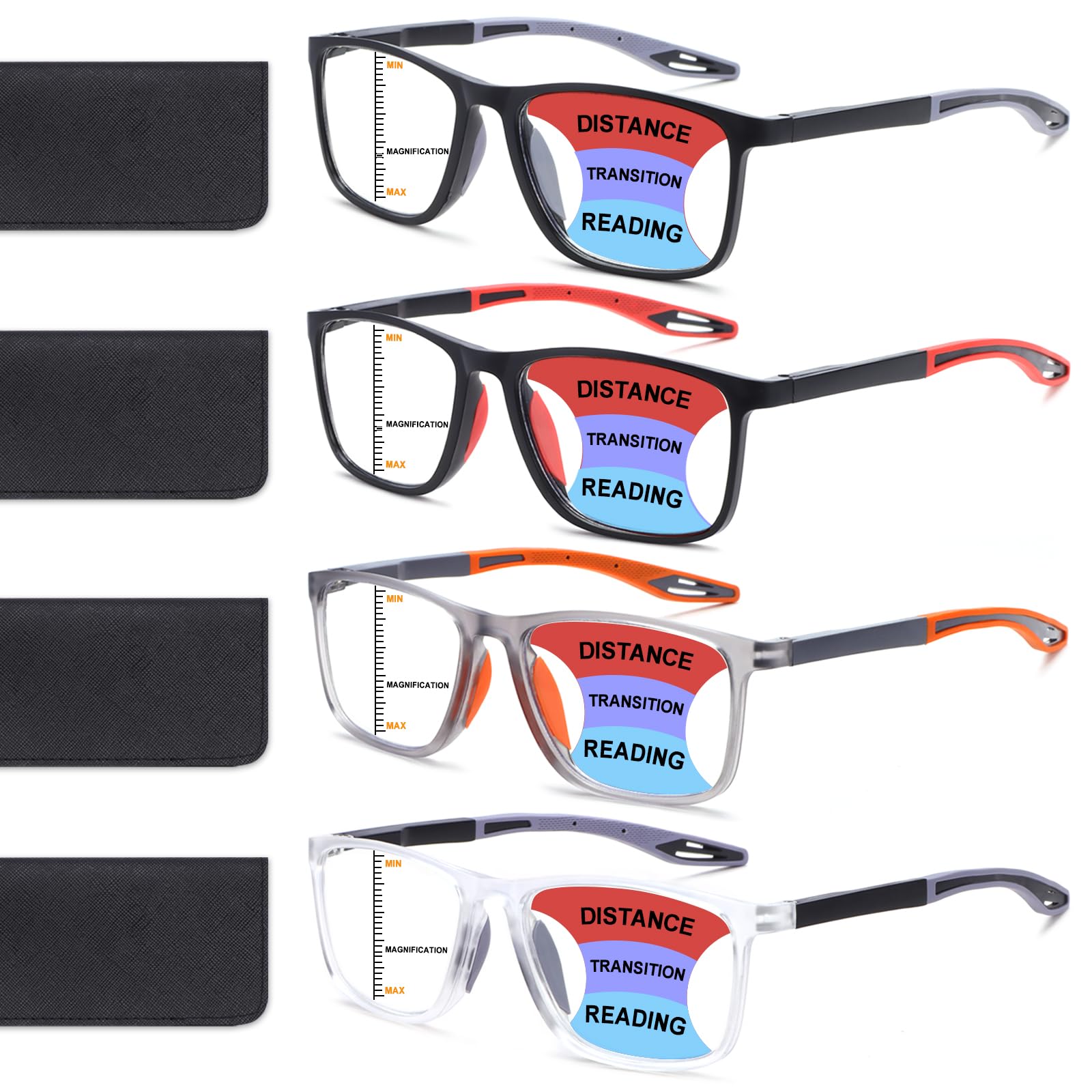 4 Pack Progressive Multifocus Reading Glasses for Men Women TR90 Sports Style Anti-Blue Light Computer Readers