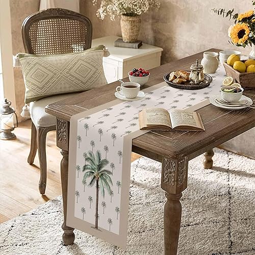 Miniatura 6 de Camino de mesa de lino y algodón de coco tropical, bufandas de tocador, camino de mesa de palmera caqui para mesa de comedor, decoración de cocina