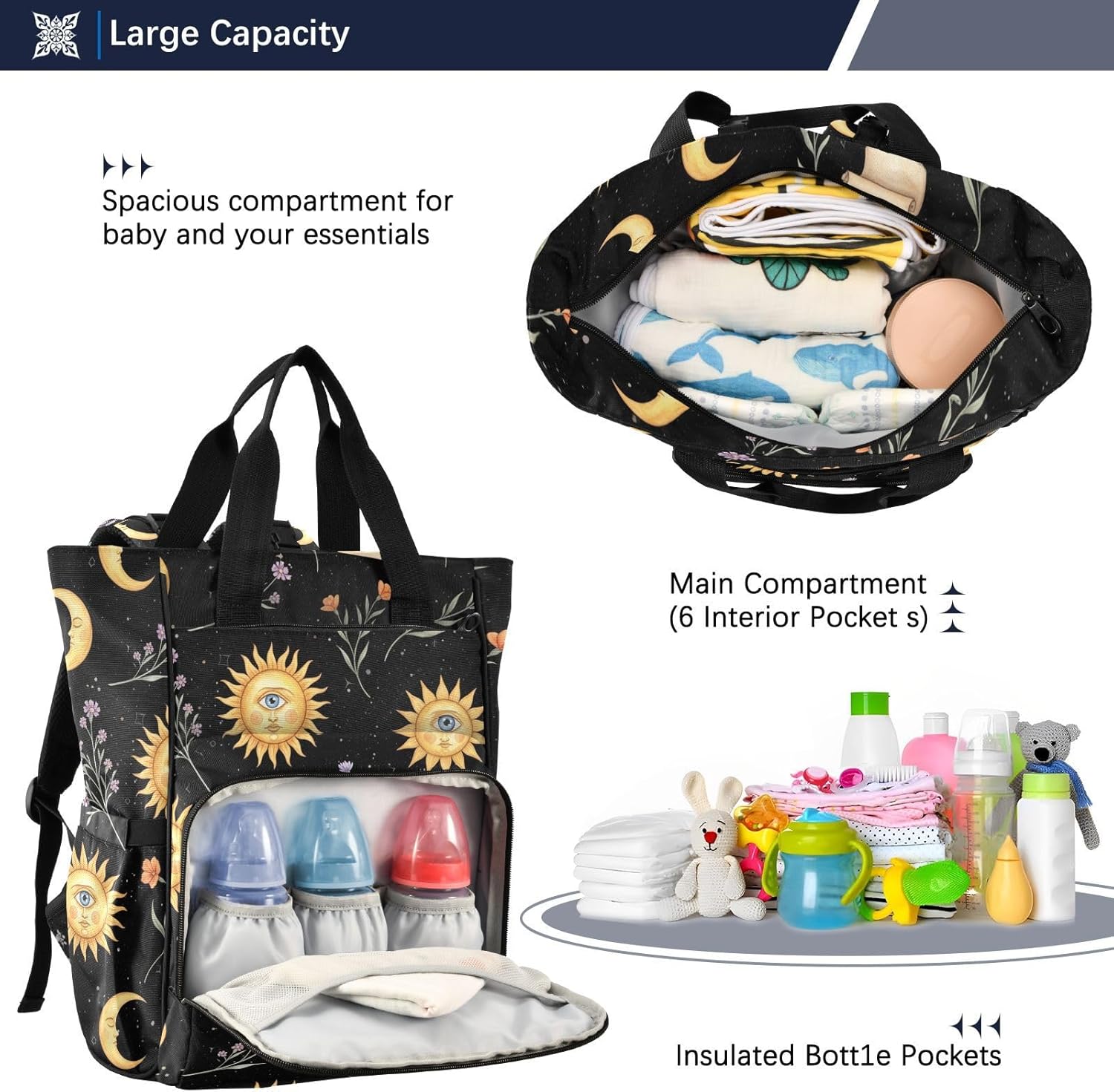 Sun Moon Flowers Black Print Diaper Bag Backpack for Baby Boys Girls Multifunction Baby Essentials Travel Tote with Stroller Straps & Bottle Storage Maternity Travel Bag for Baby Shower Gifts
