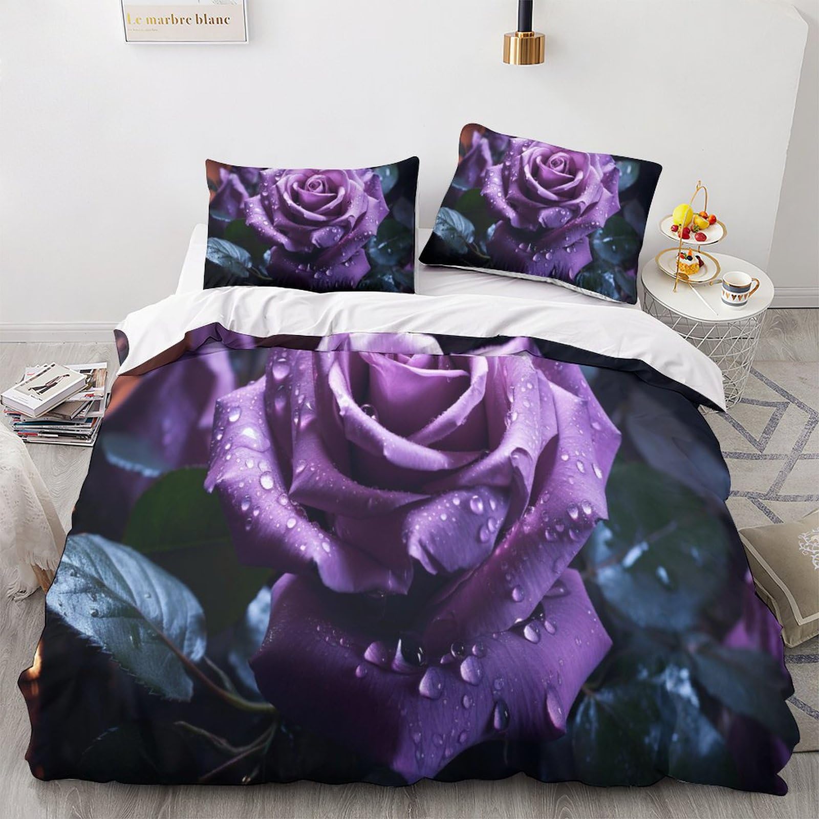 Geeyou Purple Rose-2 Purple Rose Finesse Blooming Flowers Bedding Set Hidden Zipper Duvet Cover Set With Pillowcases Quilt Cover Set Sleeping Aid Comforter Cover Various Sizes For Kids Adults King（220X240cm）