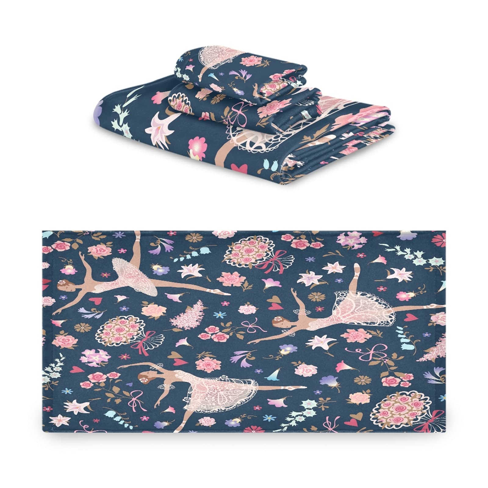 Mnsruu Juego de toallas de baño de 3 piezas con estampado floral de bailarina para baño, spa, hotel, 1 toalla de baño+1 toalla de mano+1 paño