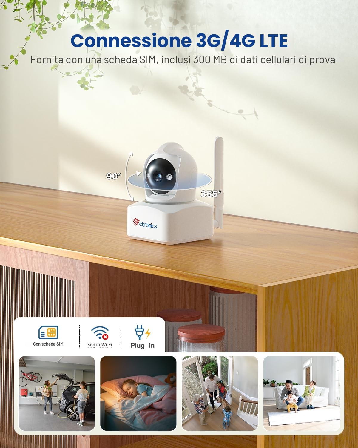 ctronics 4MP 3G/4G LTE Telecamera Interno con Scheda Sim, 360° PTZ Videocamera Sorveglian Senza WiFi, Visione Notturna a Colori, Rilevamento Umano/Movimento, Tracciamento Auto, Audio 2 Vie, Cloud