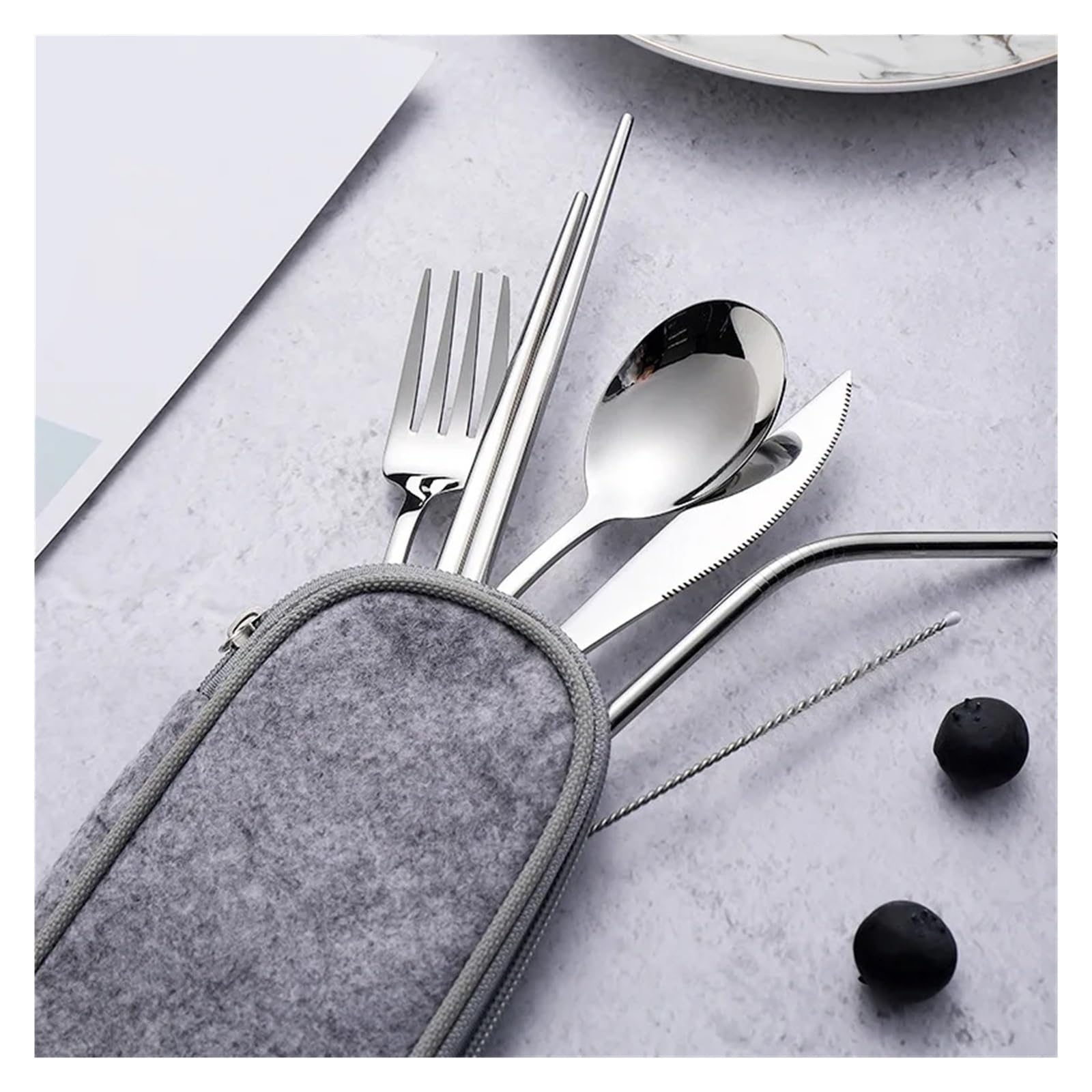 Stoviglie da viaggio riutilizzabili Set di posate campeggio con cucchiaio in acciaio inossidabile, forchetta, bacchette, custodia portatile in paglia(Black)