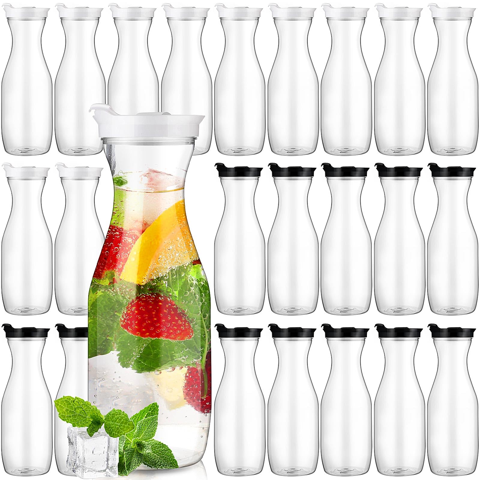 Gejoy 24 Pcs Plastic Water Carafe with Lid 32 Oz Clear,White, Black Cap