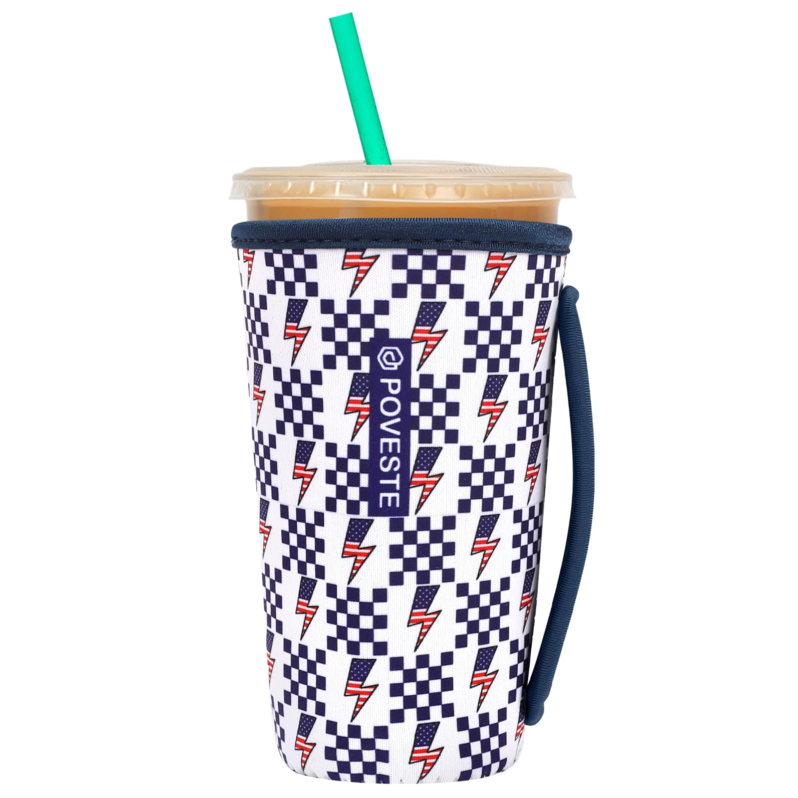 Reusable Neoprene Insulator Sleeve for Iced Coffee &amp; Cold Soda, Coffee Sleeves for Iced &amp; Hot Drinks, Cold Beverage Cooler Compatible with Starbucks, Dunkin (Lightning Flags, Large: 32oz)