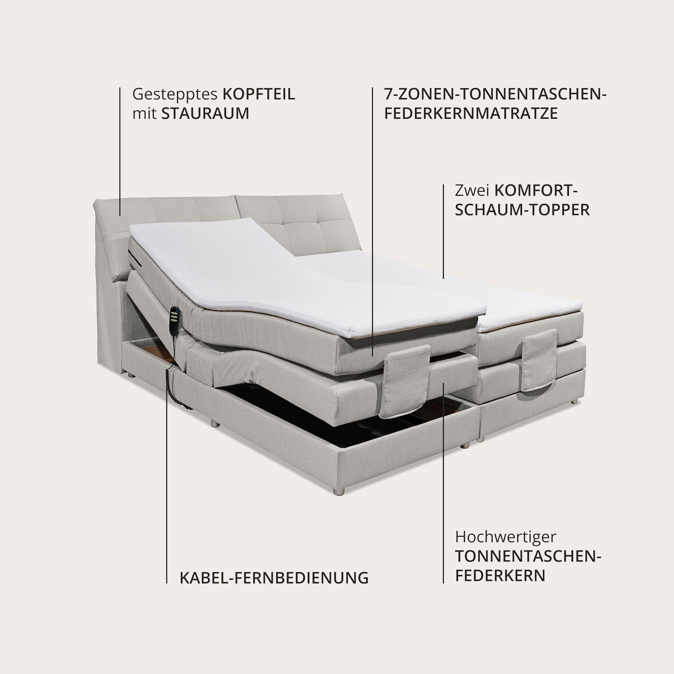 CARPINO Boxspringbett 180x200 elektrisch verstellbar, Silber - Bequemes Doppelbett mit dekorativer Steppung & Komfortschaum Topper - 180 x 110 x 234 cm (B/H/T)