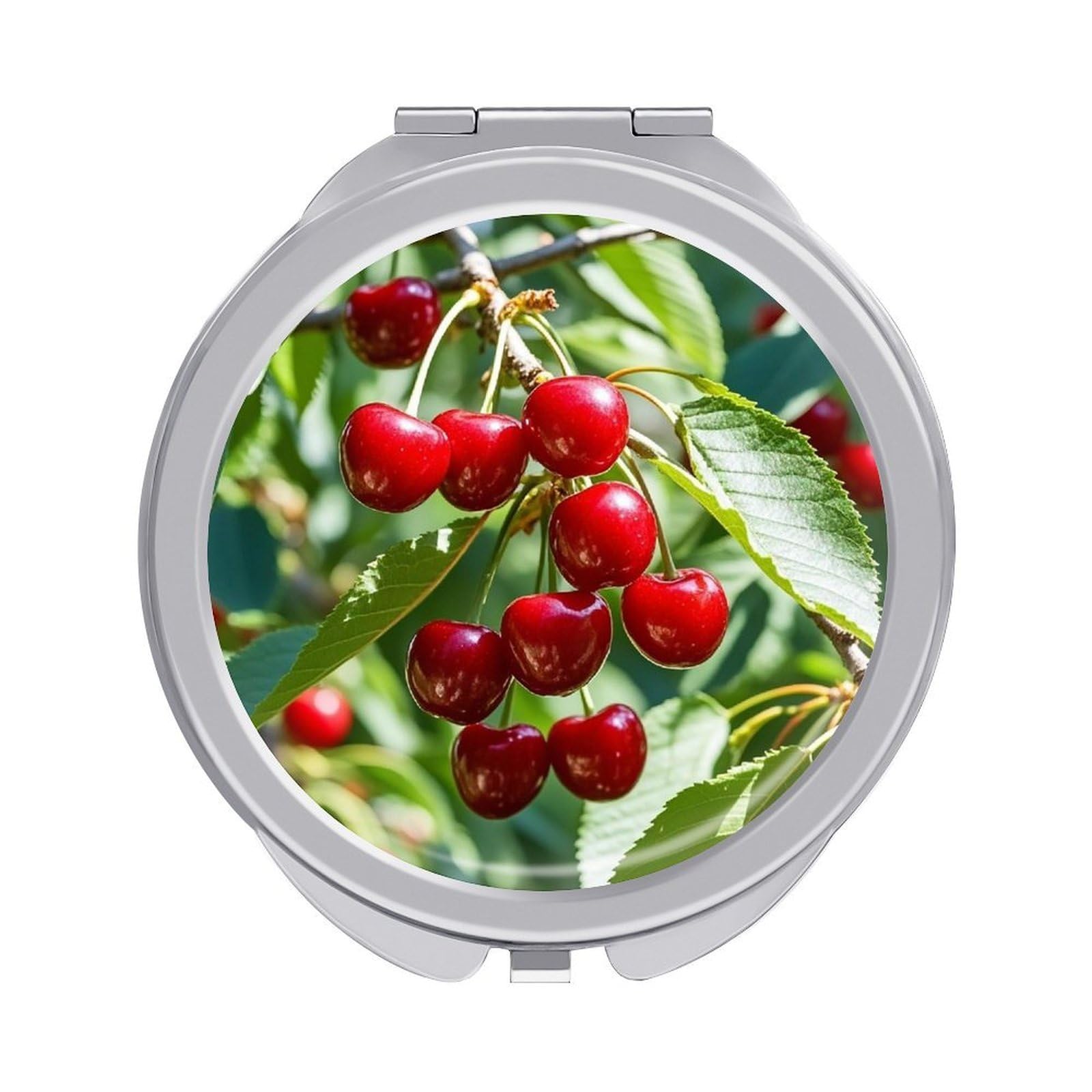 FekiLoot Cherry Travel Makeup Mirror for Women Folding Portable Hand Compact Mirrors Small Round Vanity Mirror 1X/2X Magnifying Metal Pocket Makeup Mirrors