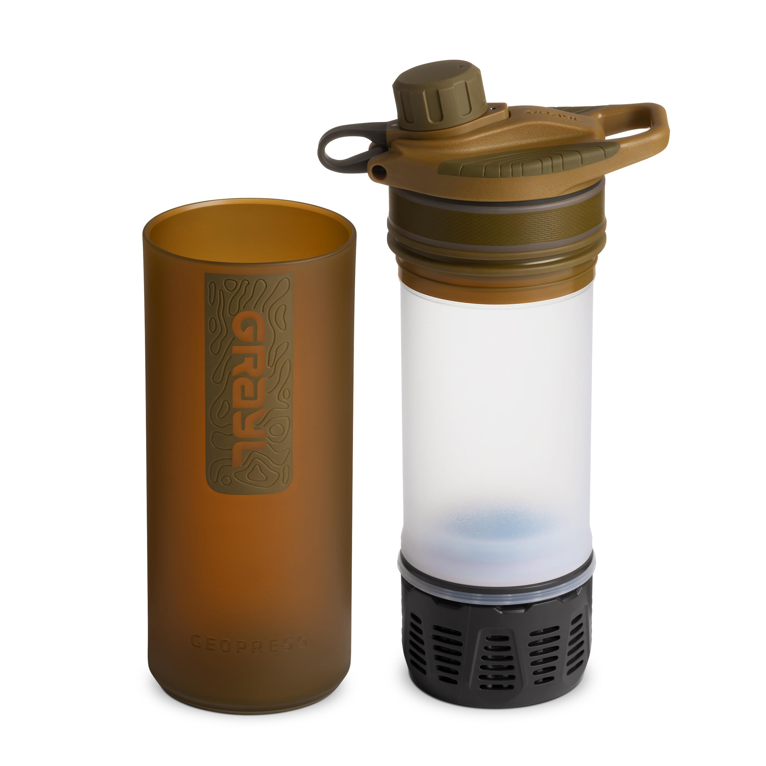 Botella purificadora de agua GRAYL GeoPress de 24 oz - Filtro para senderismo, camping, supervivencia, viajes (Marrón Coyote)