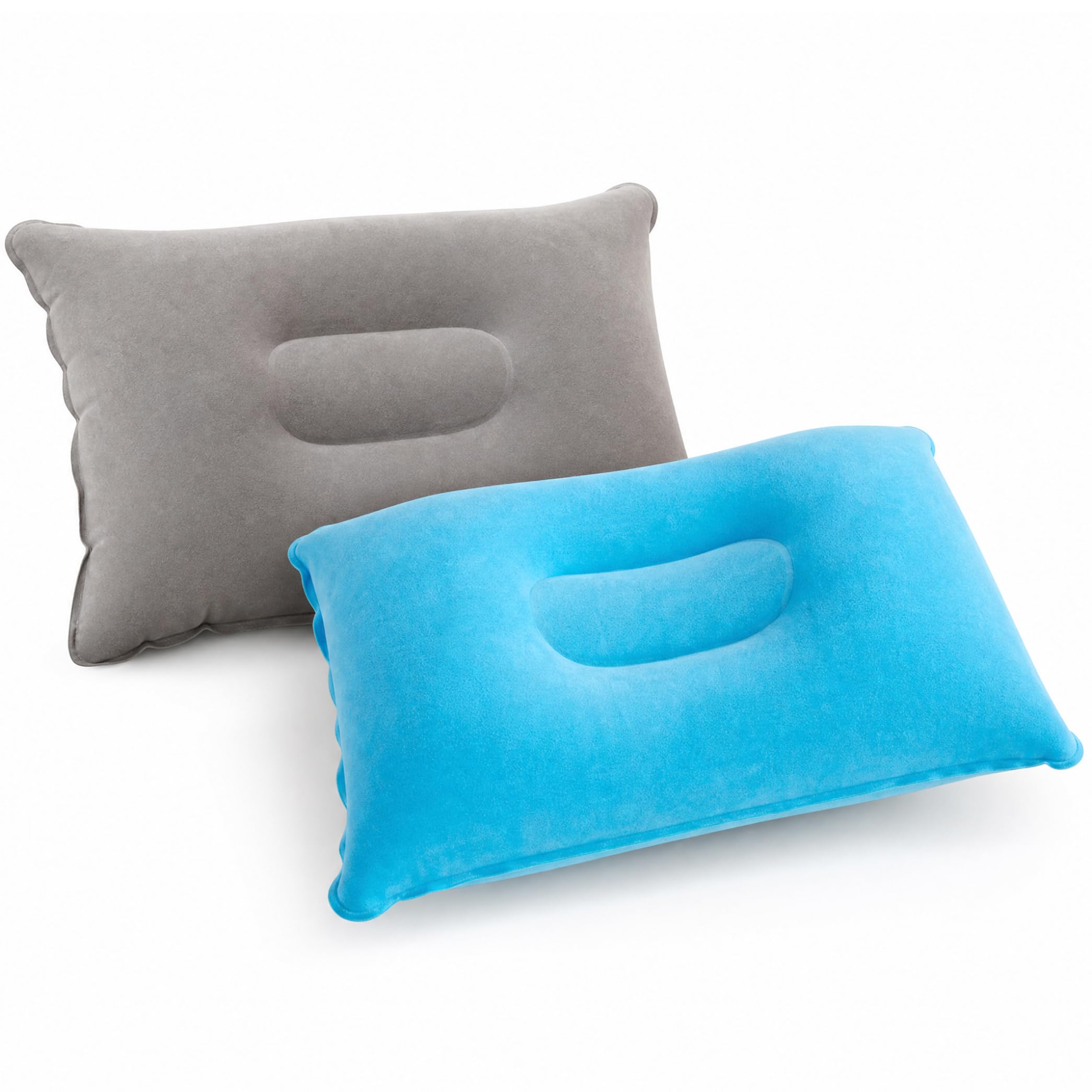 Tsawntd 2PCS Inflatable Camping Pillow, 13x9in Soft Flocked Backpacking Pillows Quick Inflate Air for Travel & Napping, Blue & Gray