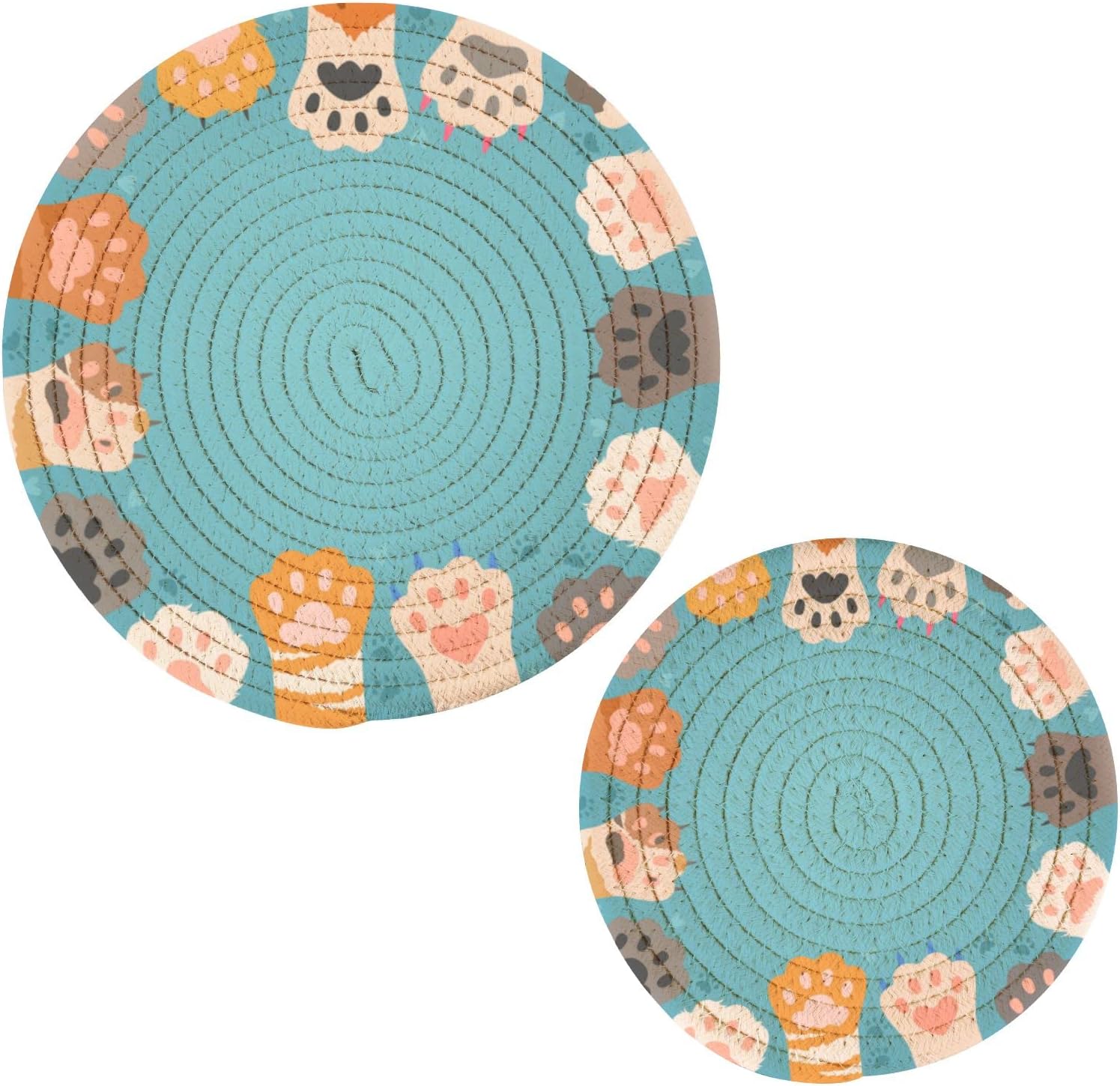 Chovvy 鍋敷き 耐熱鍋敷き コップ敷き コースター やかん お鍋 ポットマット 花瓶敷き ネコ 猫 猫柄 猫爪 青 ブルー かわいい おもしろ 断熱パッド 滑り止め 丸型 2枚セット 綿編鍋敷き 洗える断熱マット お鍋シート キッチン用品 北欧 厚手 デスクトップを保護する