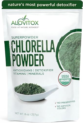 Chlorella orgánica en polvo de 8 onzas  Superalimento denso en nutrientes con antioxidantes, proteínas, vitaminas C, E, complejo B, enzimas,