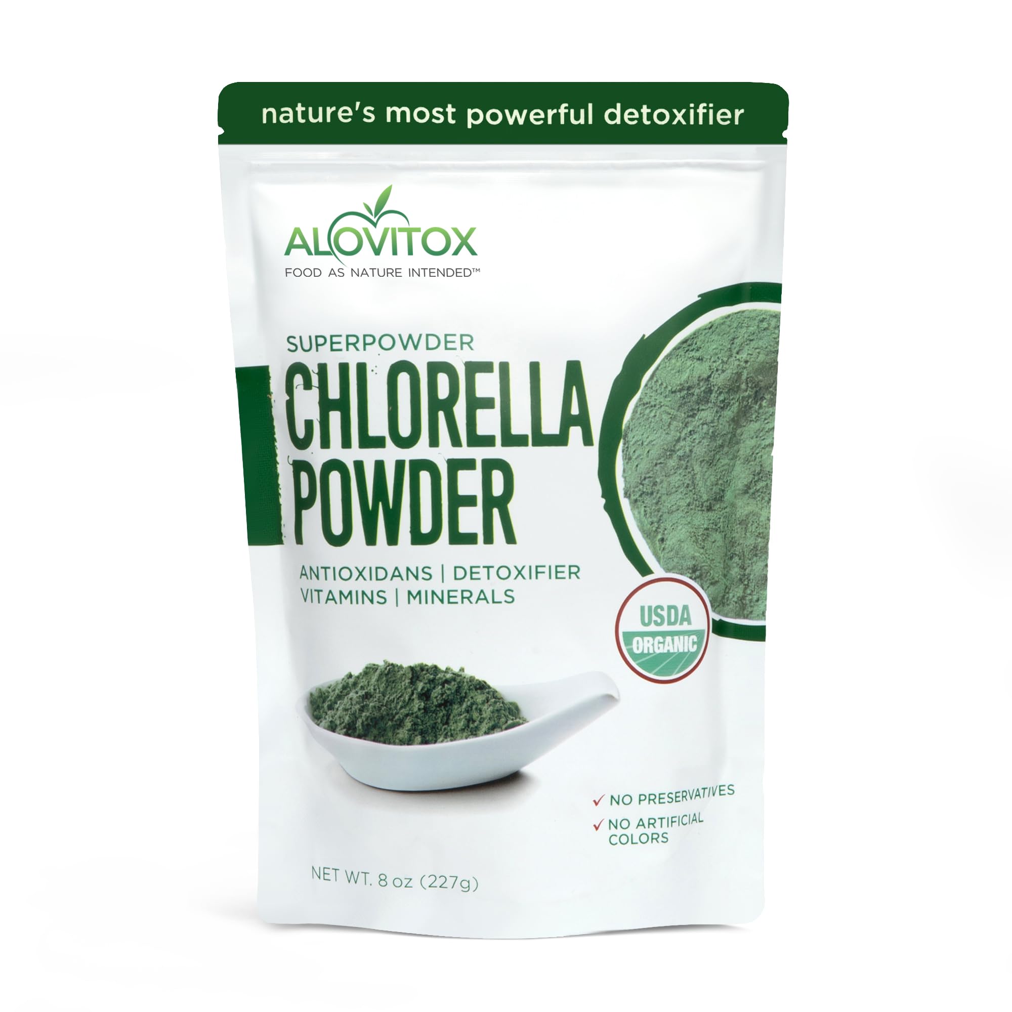 Alovitox Organic Chlorella Powder 8oz | Nutrient Dense Superfood with Antioxidants, Proteins, Vitamins C, E, B Complex, Enzymes, Chlorophyll, Omegas 3 and More| Organic Raw No Additives or Colors