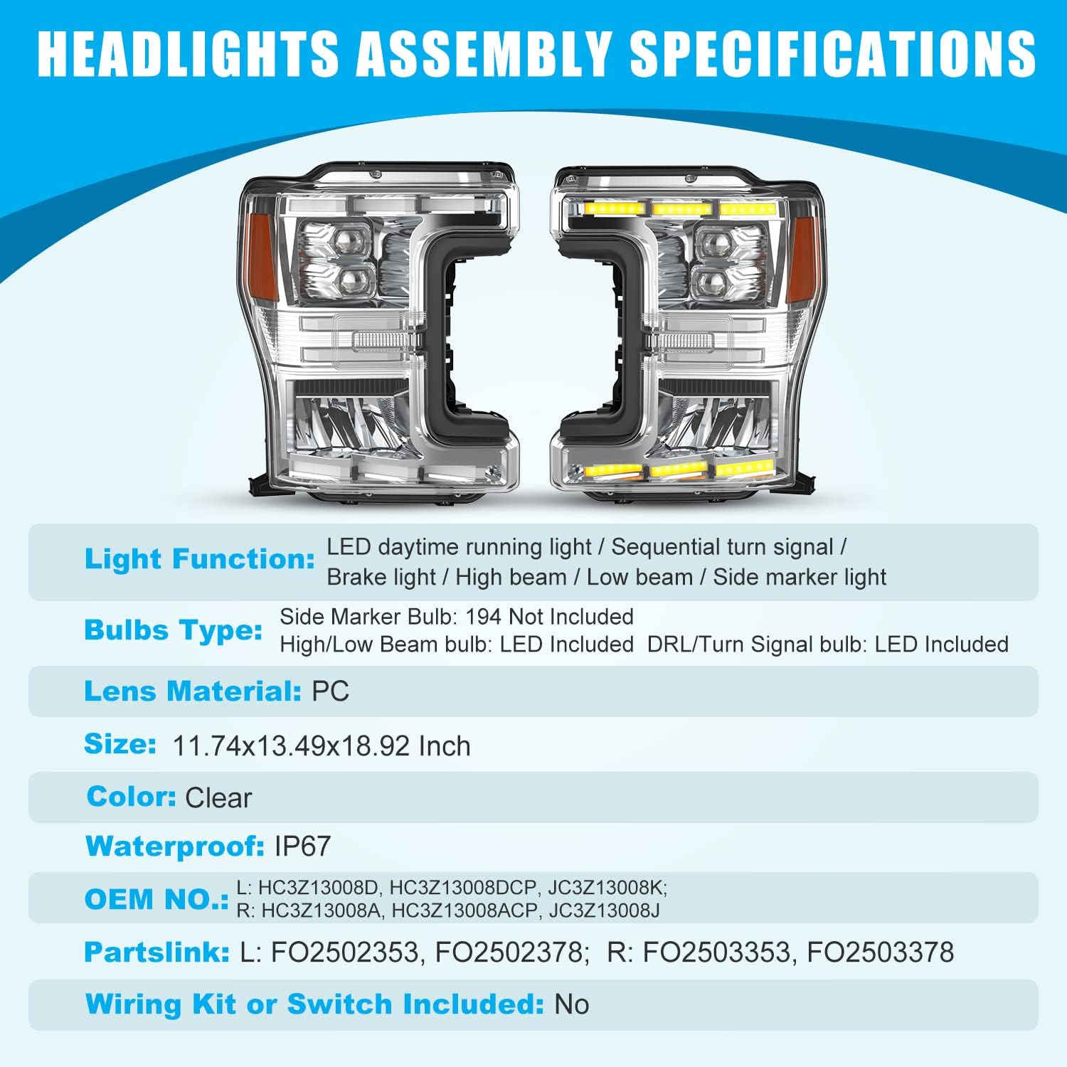 CPW Headlights Assembly Fit For 2017 2018 2019 Ford F-250/F-350/F-450/F-550 Super Duty Halogen Headlight Model Only, Head Lamps Replacement w/LED Sequential Turn Signal (Chrome/Clear)
