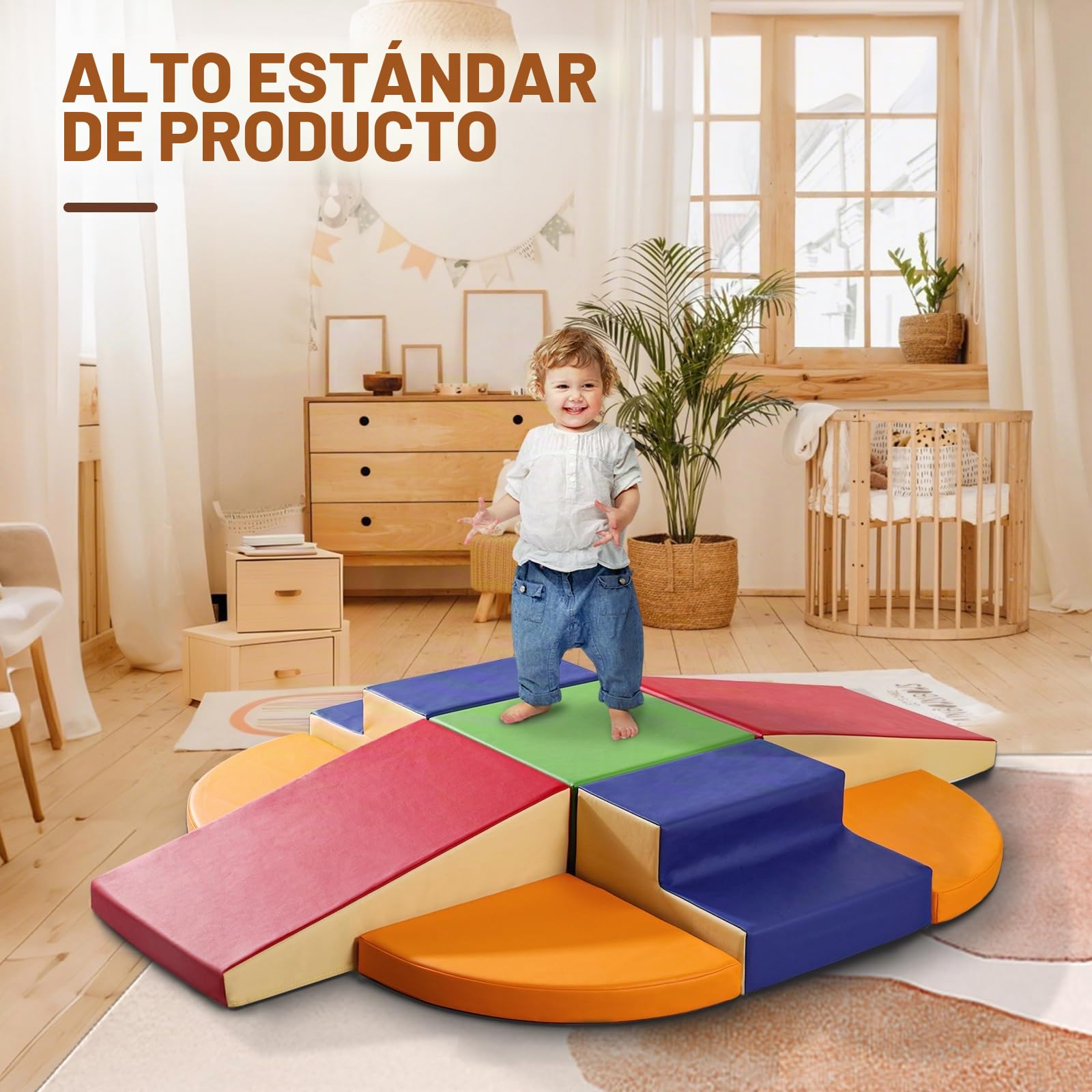 JungleDove Baby Soft Play Set: 9 piezas de piel sintética interior suave equipo de juego para niños pequeños desarrollo motor – bloques de espuma para niños juguetes para escalar y gatear
