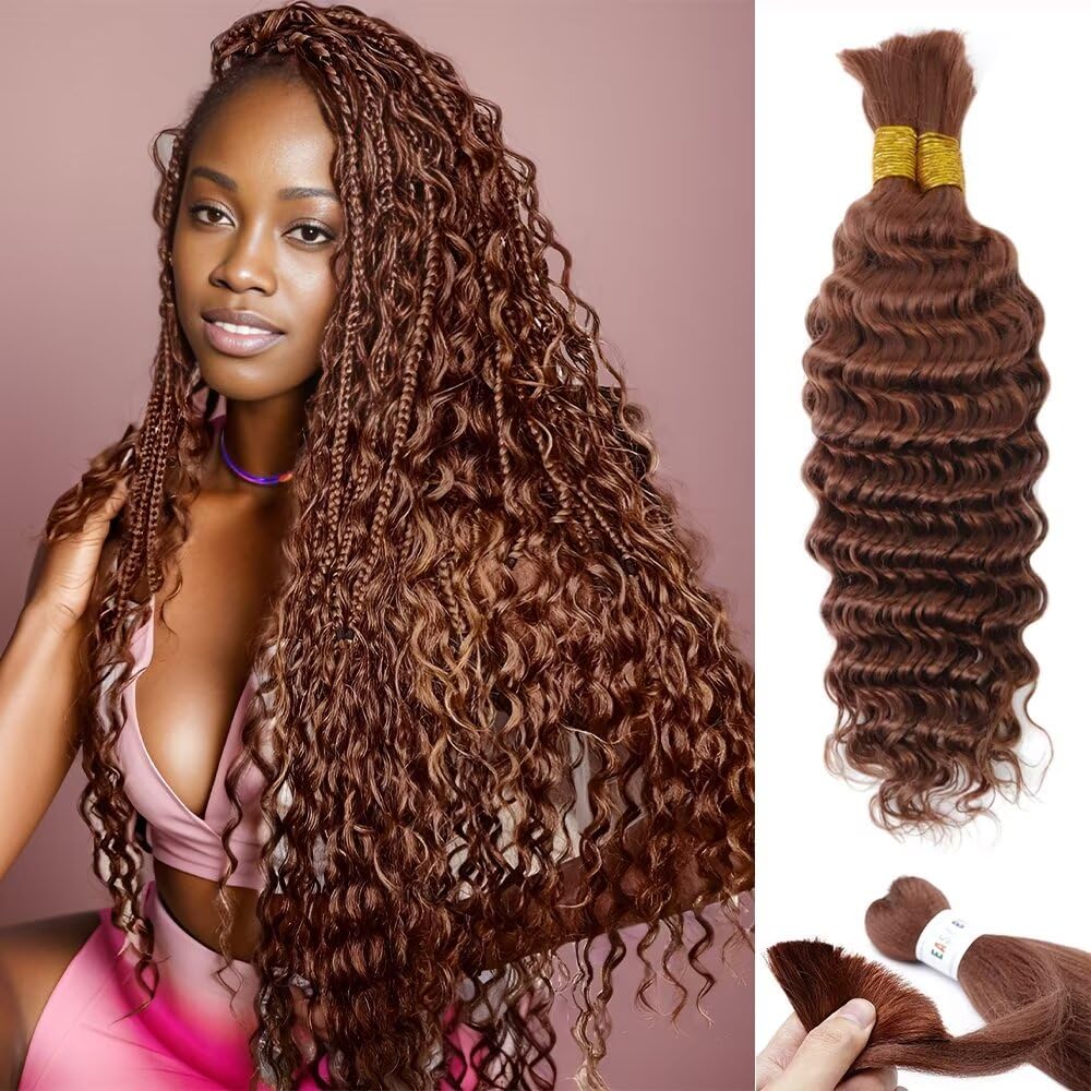 12A #30 Auburn Brown Human Braiding Hair for Boho Braids 2 Bundles 22 Inch 100g Deep Wave Braiding Hair for Bohemian Knotless Braids 100% Unprocessed Virgin Bulk Hair Extensions No Weft