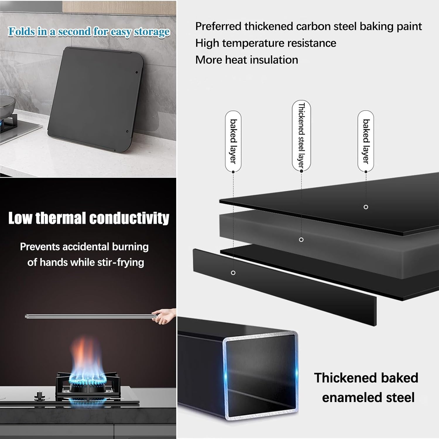 cooking stove oil splash guard, Stove Splatter Guard Non-Stick 3 Sided Foldable Carbon Steel Black Multiple Sizes(40x40x40cm)