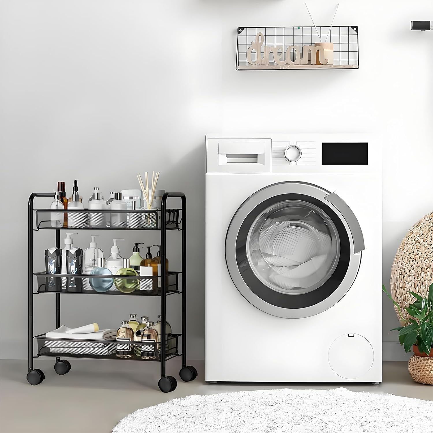 3 Tier Metal Rolling Cart, Bathroom Organizer Wire with Wheels, Easy Assemble Utility Carts with 4 Hooks, Storage Shelves for Kitchen Laundry Room, Black