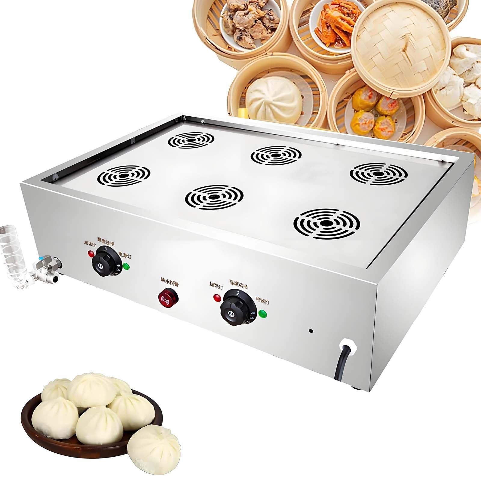 GUTYGIO Commercial Steamed Buns Machine, 4/6 Hole Electric Stainless Steel Food Bread Buns Steaming Steamer, Steamed Bun Warmer Machine with Anti-Dry Alarm, Independent Temperature Contr 6holes