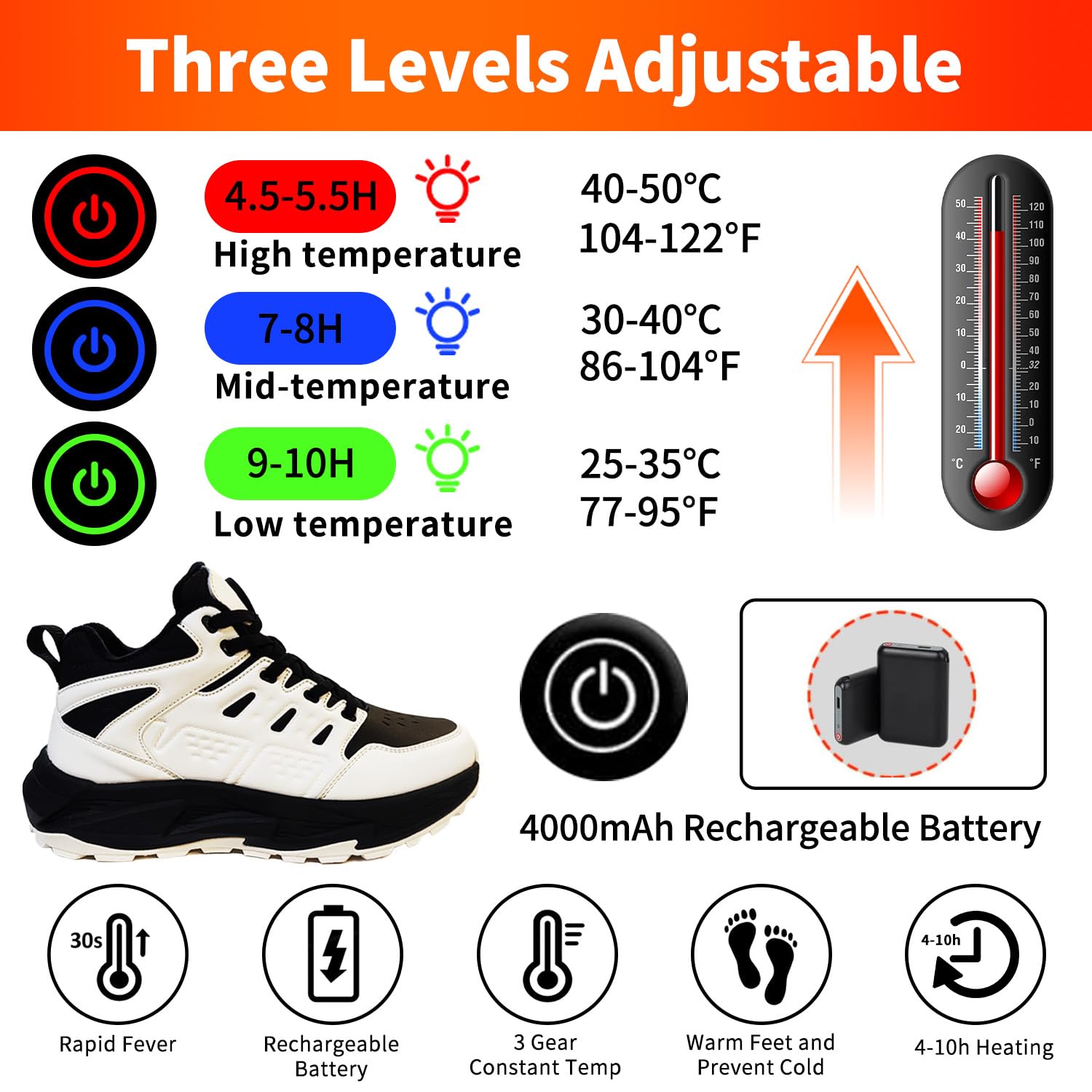Chaussures de randonnée pour homme et femme - Chaussures d'hiver chaudes - Chaussures chauffantes rechargeables - Chaussures basses de trekking