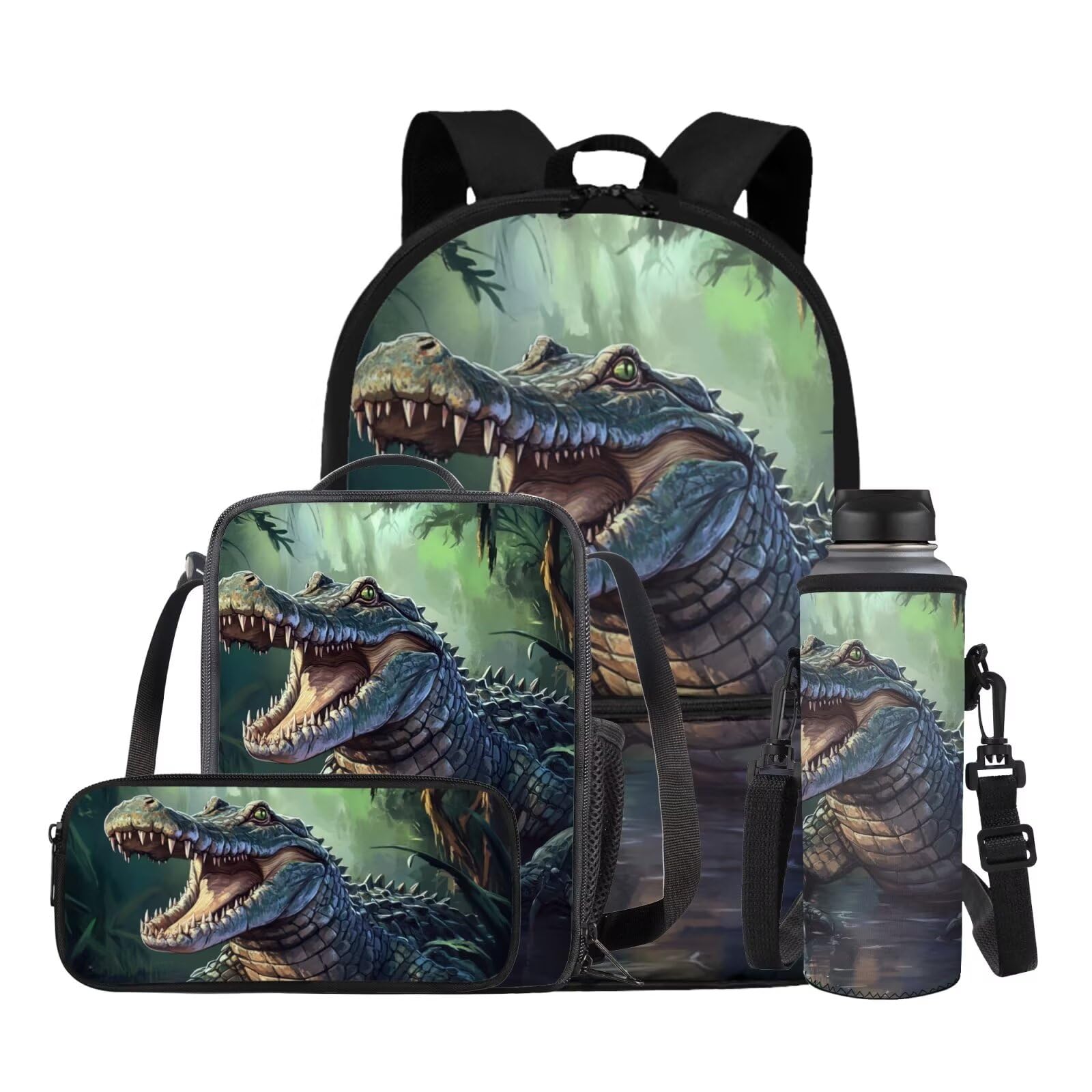 Gomyblomy Crocodile Backpack Set for Boys 8-10 10-12 Large Capacity 17 Inch Teens Kids Bookbag with Lunch Bag Pencil Case Water Bottle Sleeve 4 Pcs