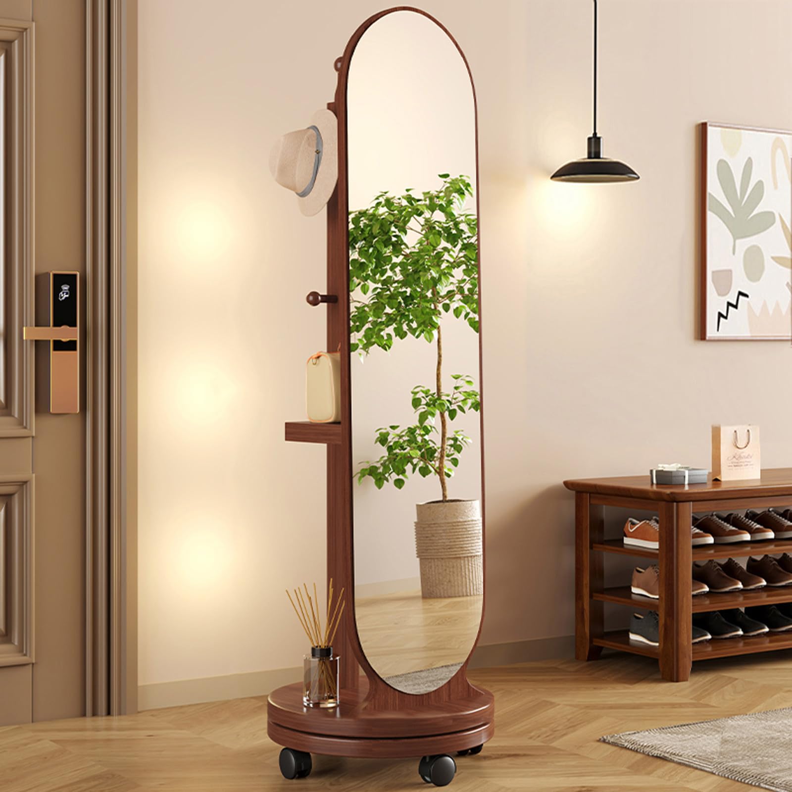 Miroir pleine longueur rotatif haut de gamme en bois massif avec roulettes