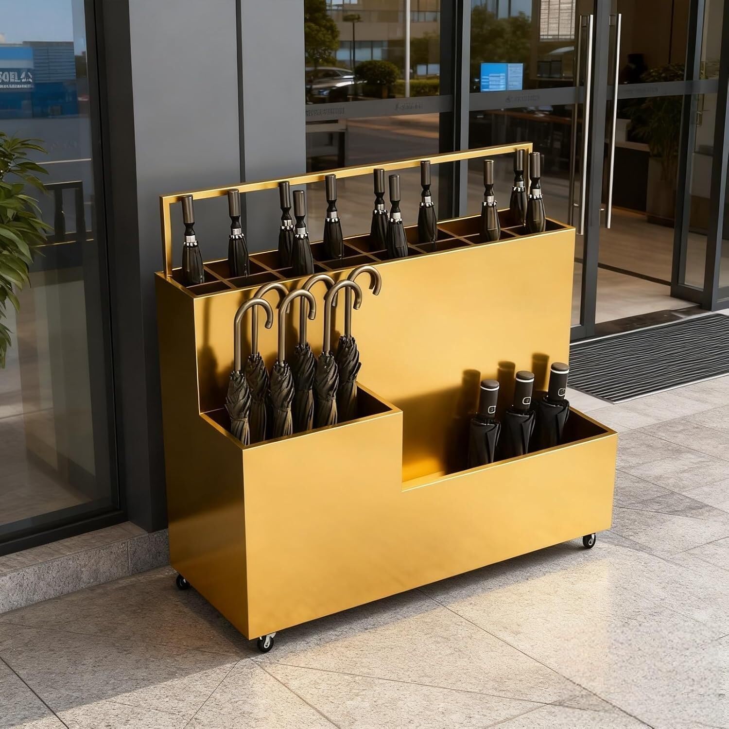 GHHVFEC Large Capacity Metal Umbrella Stand on Wheels, Multi-Compartment Freestanding Umbrella Holder for Entryway, Durable Design for Efficient Storage