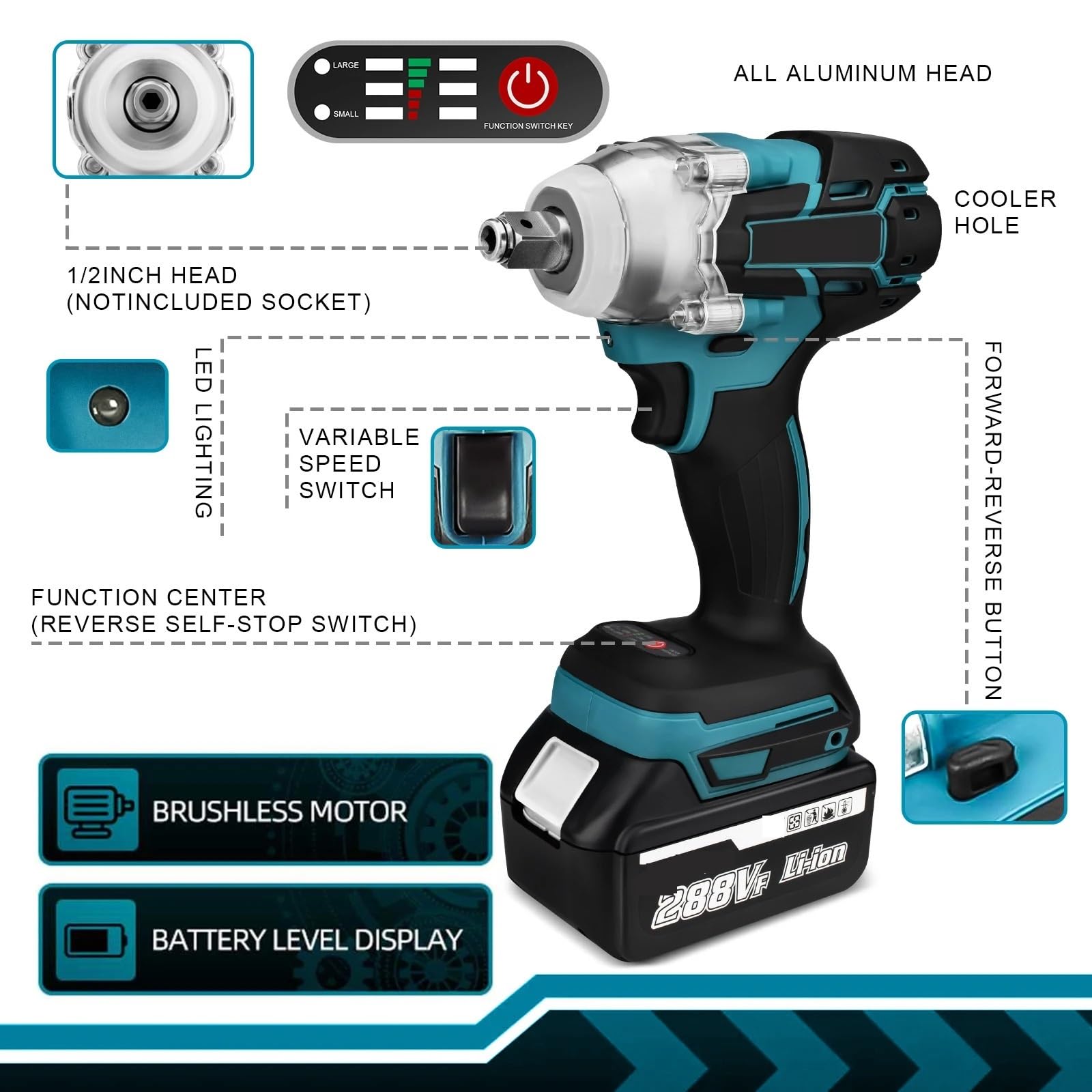 Llave de impacto Llave De Impacto Eléctrica Sin Escobillas De Torsión De 1800N.M, Llave Inalámbrica Con Batería De Iones De Litio De 1/2 Pulgadas, Herramientas Eléctricas For Batería De 18V(1 Battery)