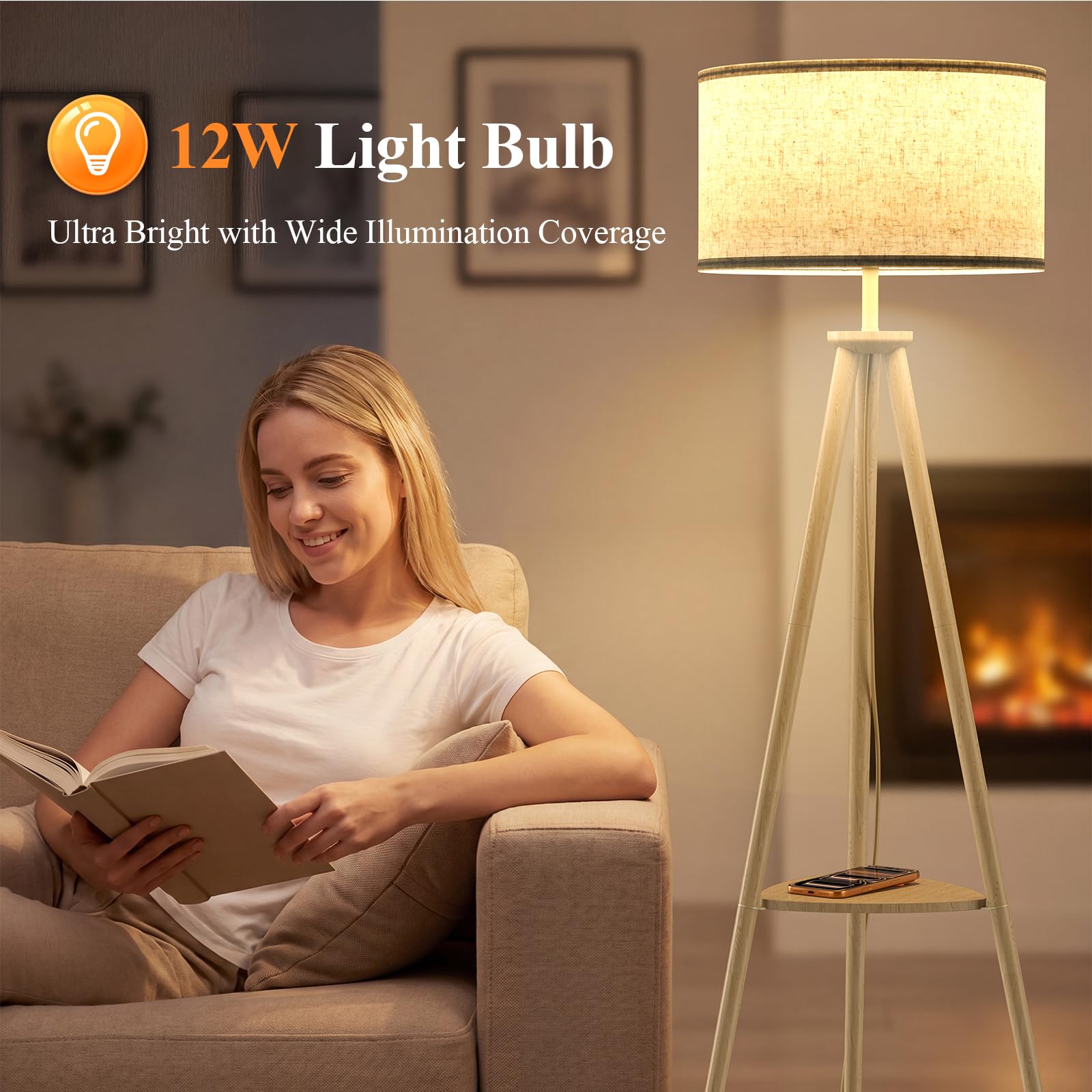 Dreibein Stehlampe Wohnzimmer mit Regal - 12W Holz LED Dimmbar Stehende Lampe mit Fernbedienung & E27 Lampe, Stehend Leselampe für Schlafzimmer, Büro, Hellbraun – Dreieckiges Regal