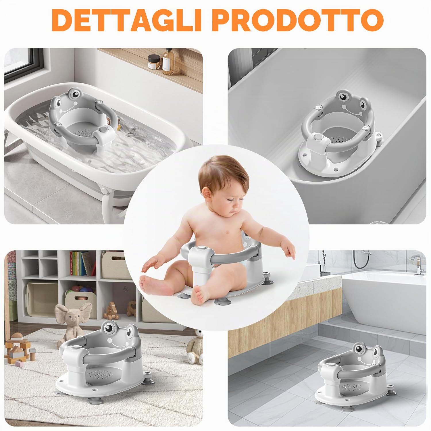 Seggiolino Doccia Bimbo, Seggiolino per Vasca da Bagno per Bambini a Partire da 6 Mesi, Seggiolino da Bagno Antiscivolo con 4 Potenti Ventose,per Doccia o Vasca(Grigio)