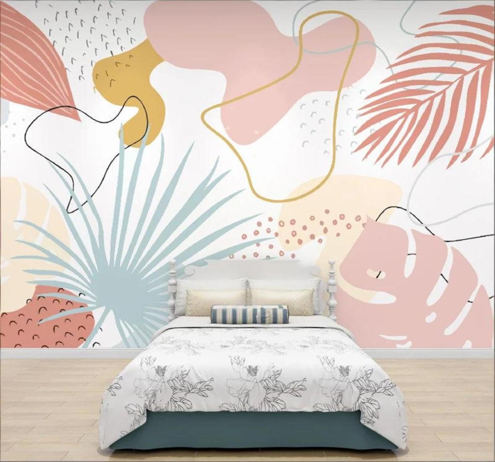 Pink Blue Leaves Abstract Shapes 3D Wallpaper Easy Install Feature Office Living Room Sofa Bedroom TV Background Wall Decoration-250cm×170cm