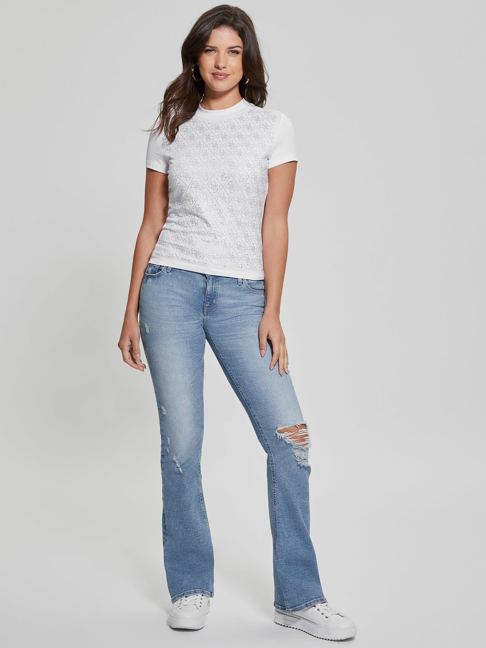 Guess Short Sleeve Mock Neck all Over 4g Tee t-Shirt Donna