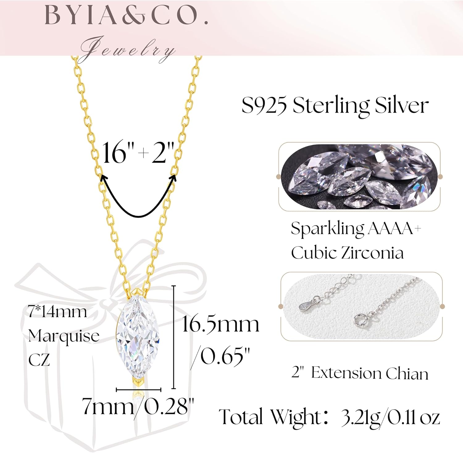 925 Sterling Silver Marquise Cubic Zirconia Necklace for Women 14K Gold Plated Single Solitaire Pendant Minimalist Dainty CZ Necklace Wedding Jewelry Gift