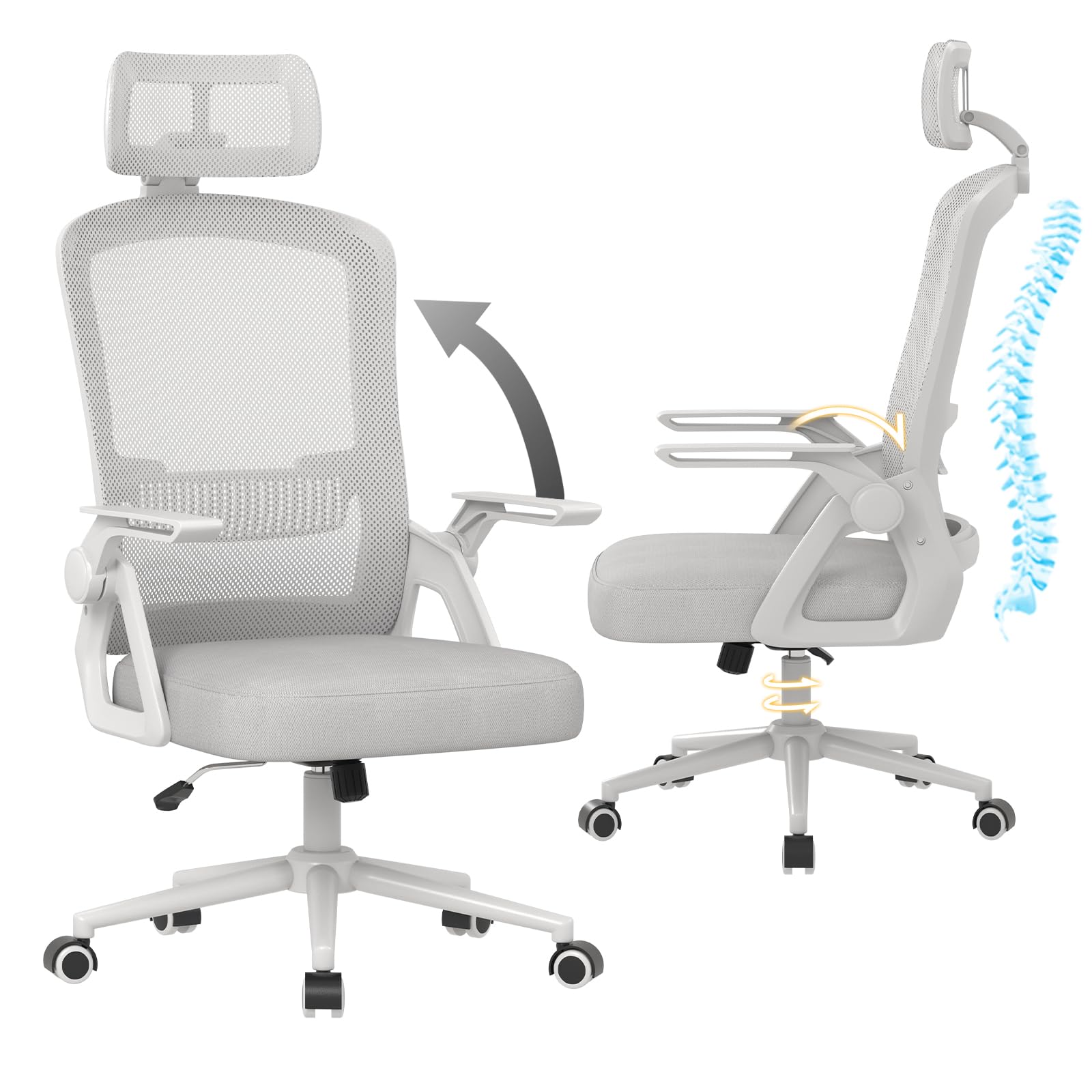 naspaluro Sedia da Ufficio Scrivania Ergonomica, Con Braccioli Pieghevoli, Altezza Regolabile, Seduta e Schienale in Rete Respirante, Girevole con Ruote, Funzione Oscillante Grigio