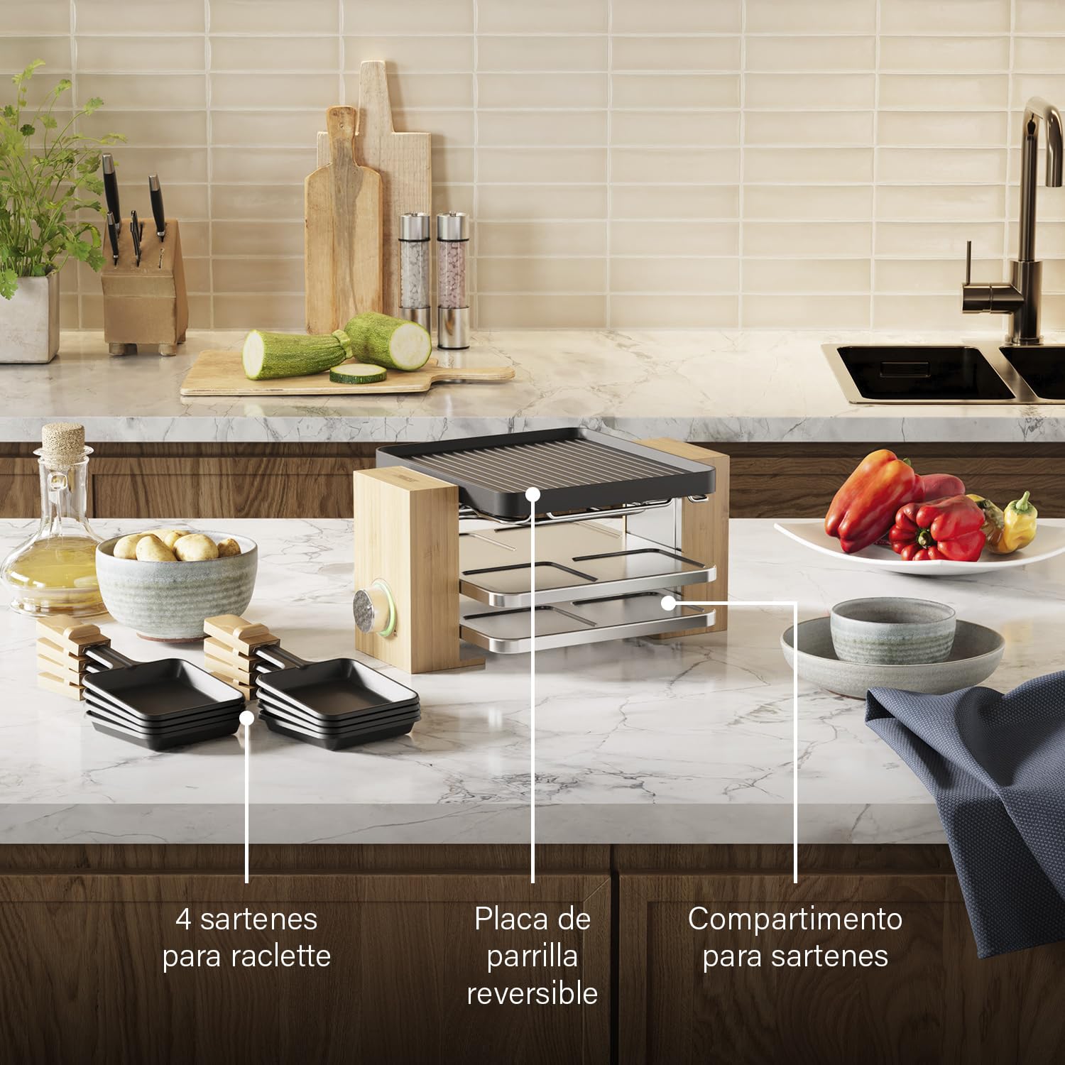 Princess Raclette 162950 Pure para 4 personas, Parrilla reversible (plancha and parrilla), 21 x 23 cm, Acabado en bambú, revestimiento antiadherente de alta calidad, 800 W