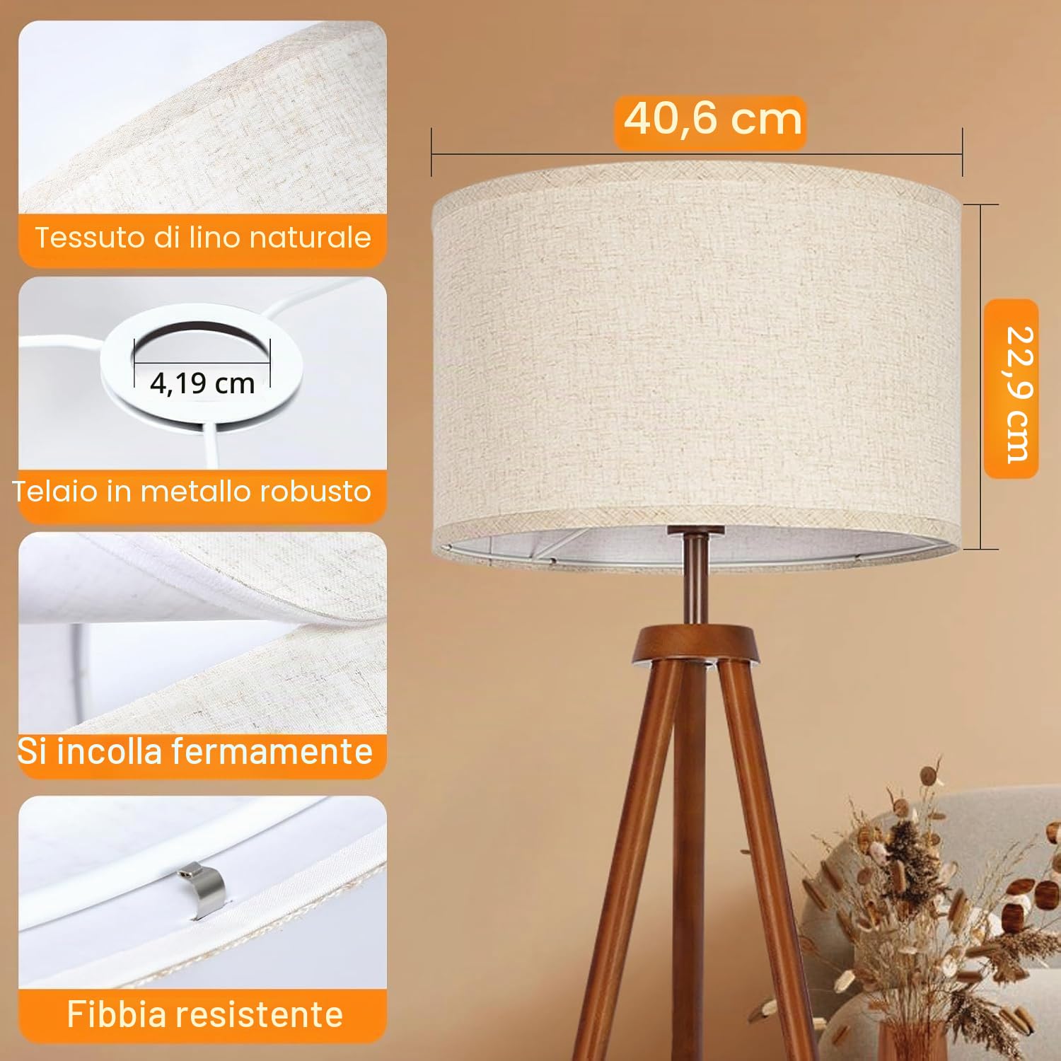 OUTON Beige Grande Paralume per Lampade da Terra, 40,6cm Alto x 40,6cm Basso x 22,9cm Altezza, Facile da Montare, Paralumi a Forma di Tamburo in Lino per Lampade da Tavolo