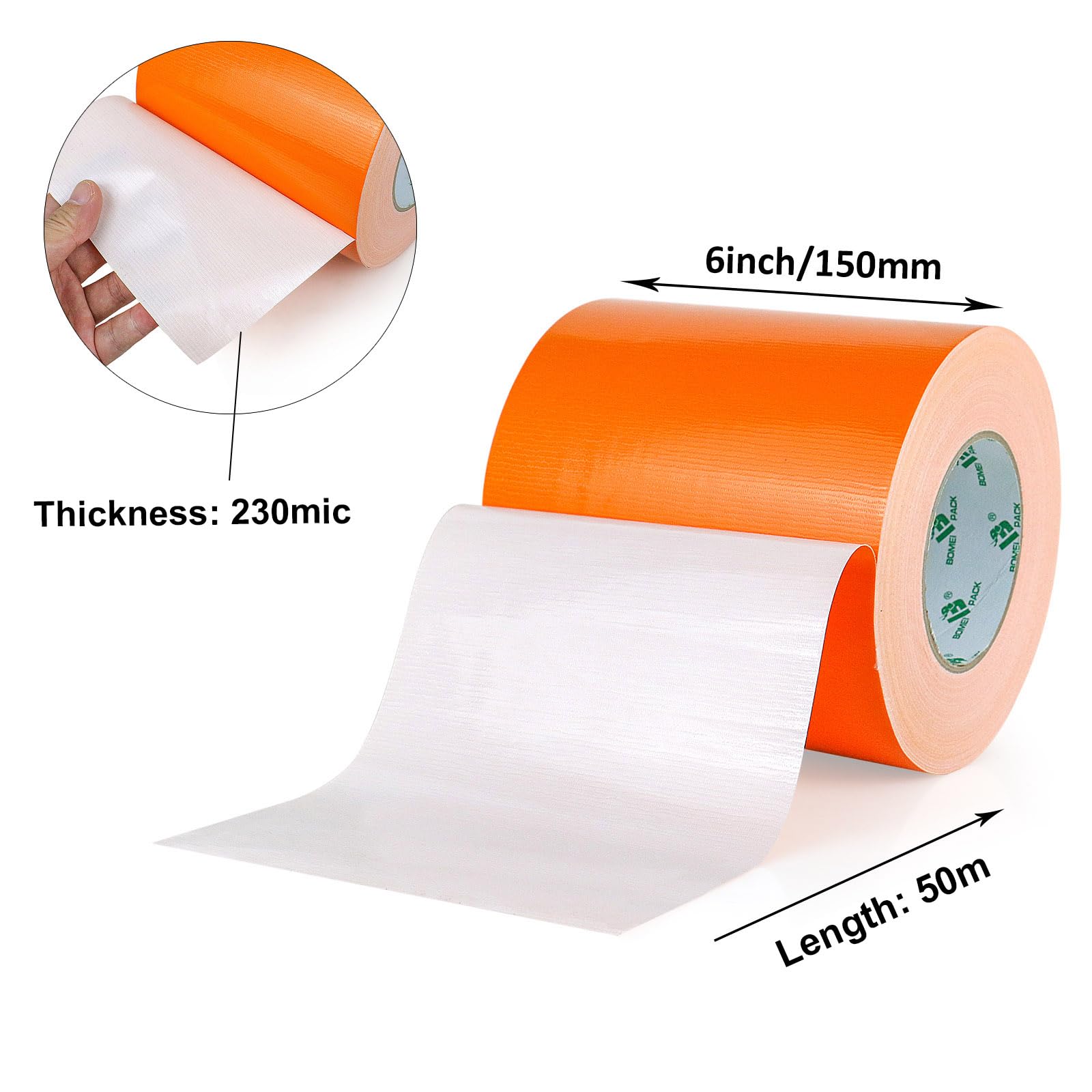 BOMEI PACK Cinta adhesiva de tela naranja de 150 mm x 50 m, reforzada, resistente al agua, cinta adhesiva resistente para fijar reparaciones, manualidades, etiquetado, cajas de sellado para trabajos