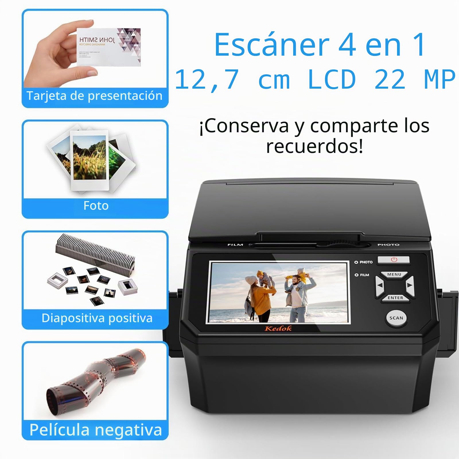 Escáner de Diapositivas Digital de 22 MP con Pantalla LCD de 5 Pulgadas - Convierte fácilmente películas/Fotos y Tarjetas de Visita de 35 mm, 110 a Formato JPEG, Tarjeta de Memoria de 8 GB incluida