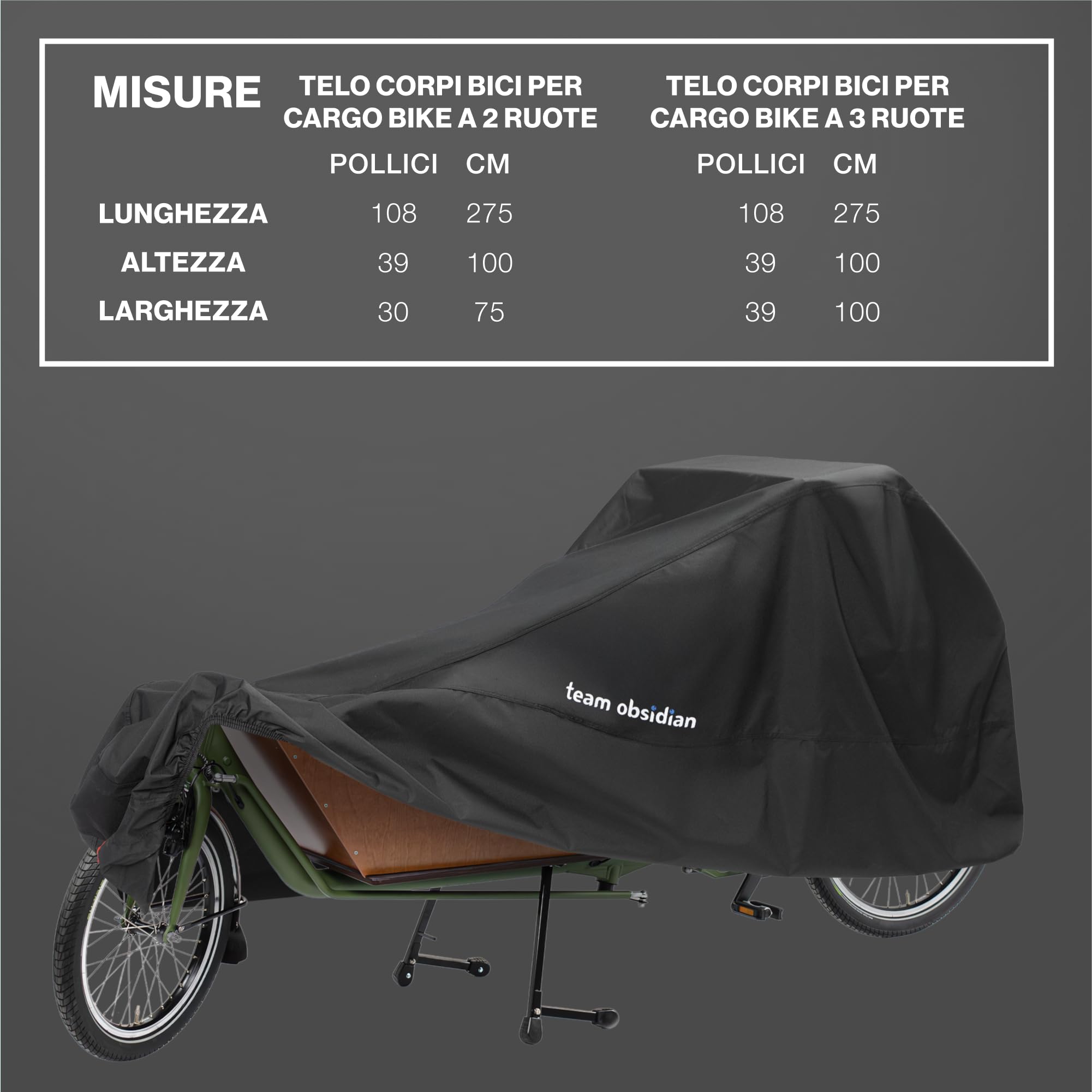 TeamObsidian Copribici per Cargo Bike - Telo Copri Bicicletta da Esterno - Telo Copri Bici in Poliestere 600D - Copribicicletta per Bici Trasporto a 2 Ruote