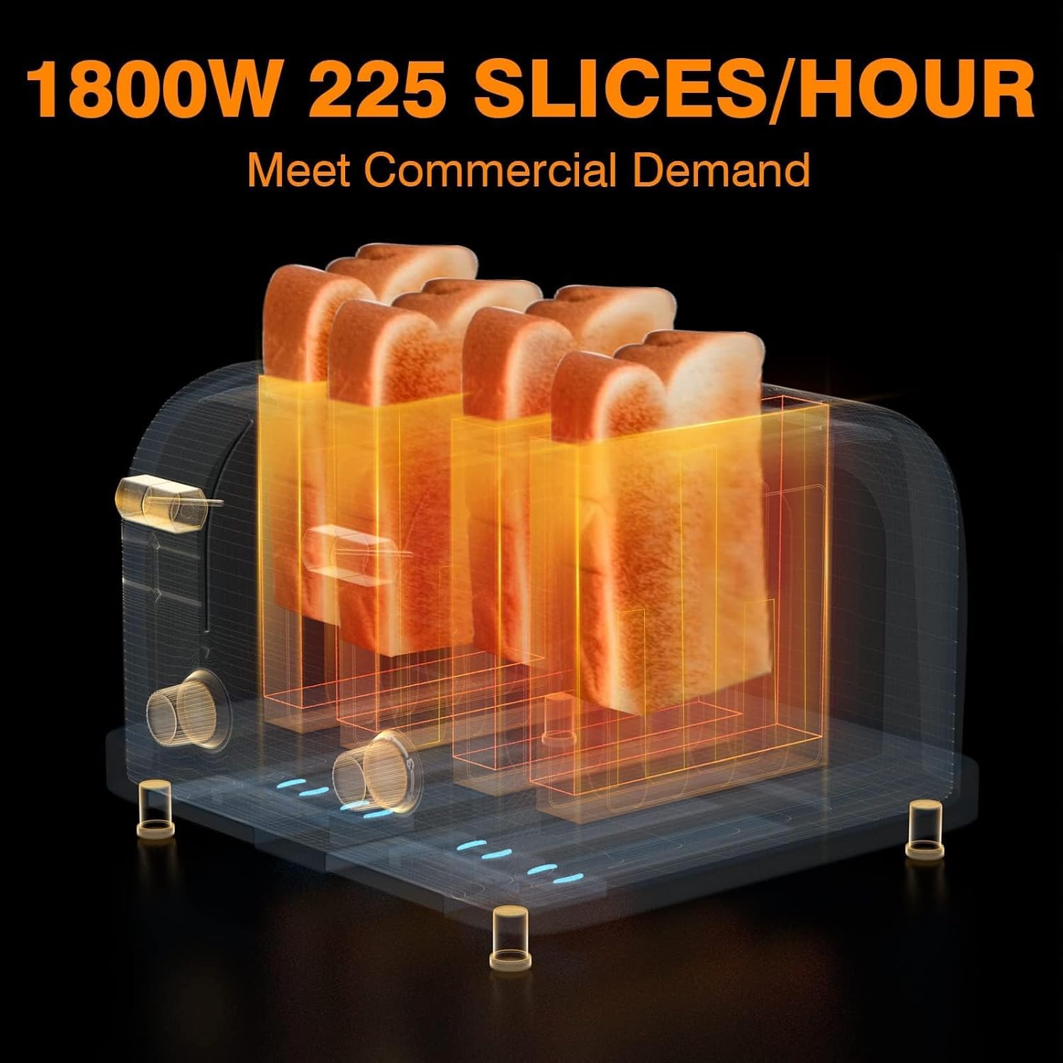 PYY Commercial Toaster 4 Slices - 225 Slices/Hour Stainless Steel Silver Bread Toaster, 1800W with 6 Speed Level, Dual Controls and Removable Crumb Tray, for Family and Commercial